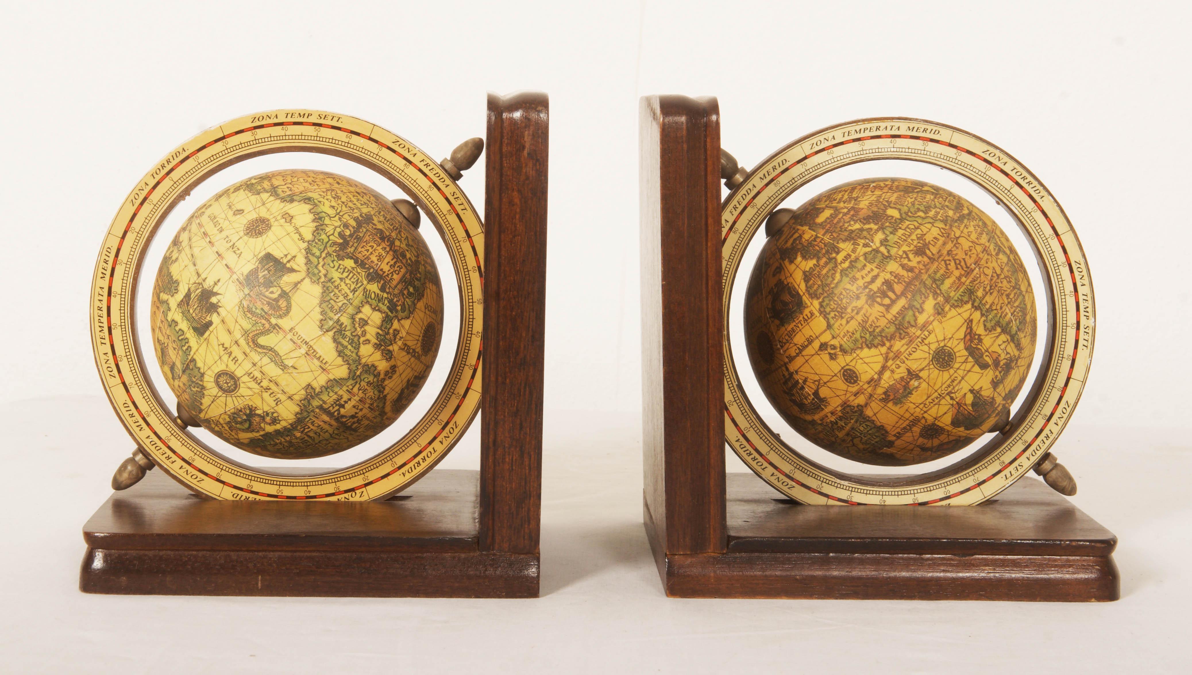 Italian Midcentury Wooden Bookends World Globe