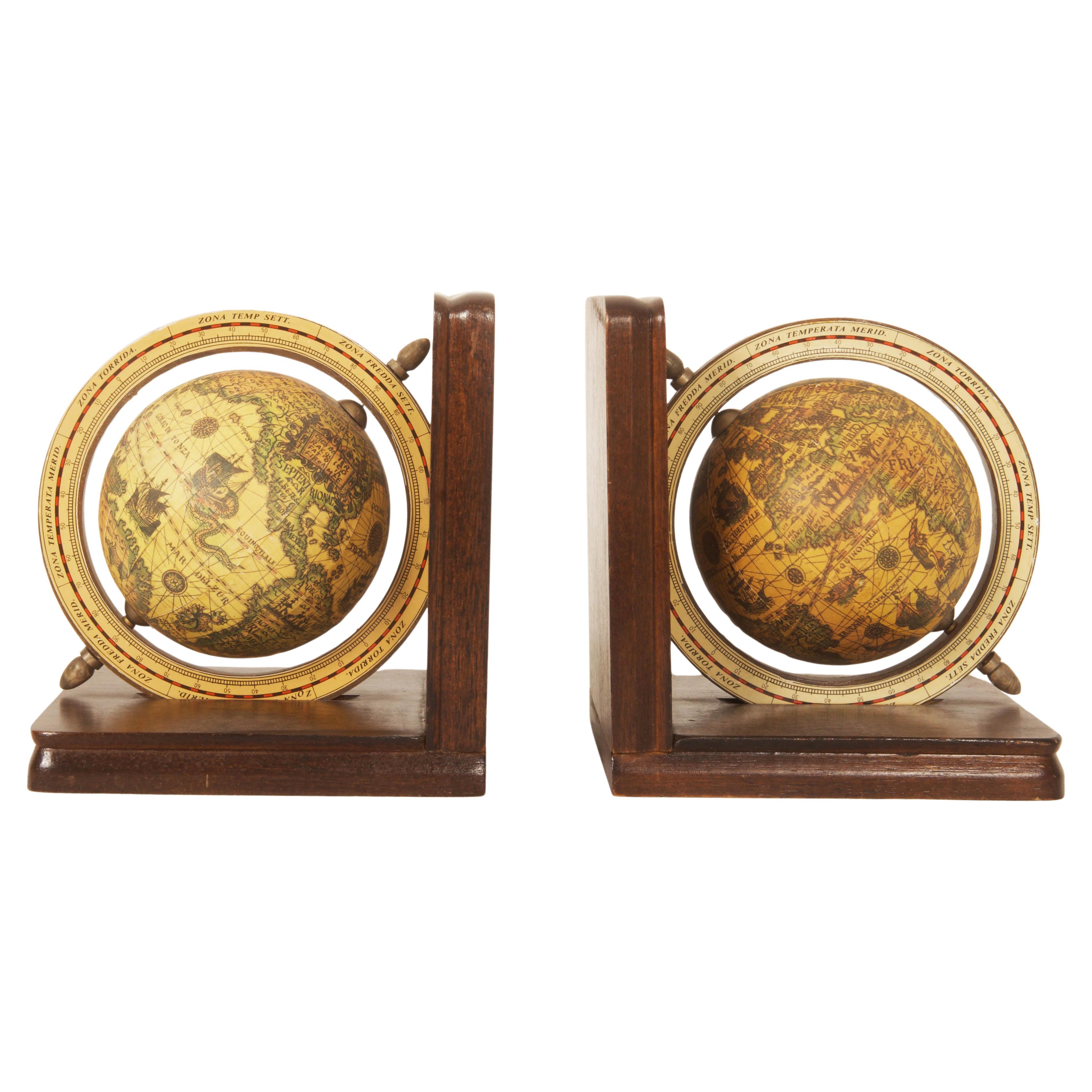 Midcentury Wooden Bookends World Globe