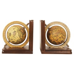 Midcentury Wooden Bookends World Globe