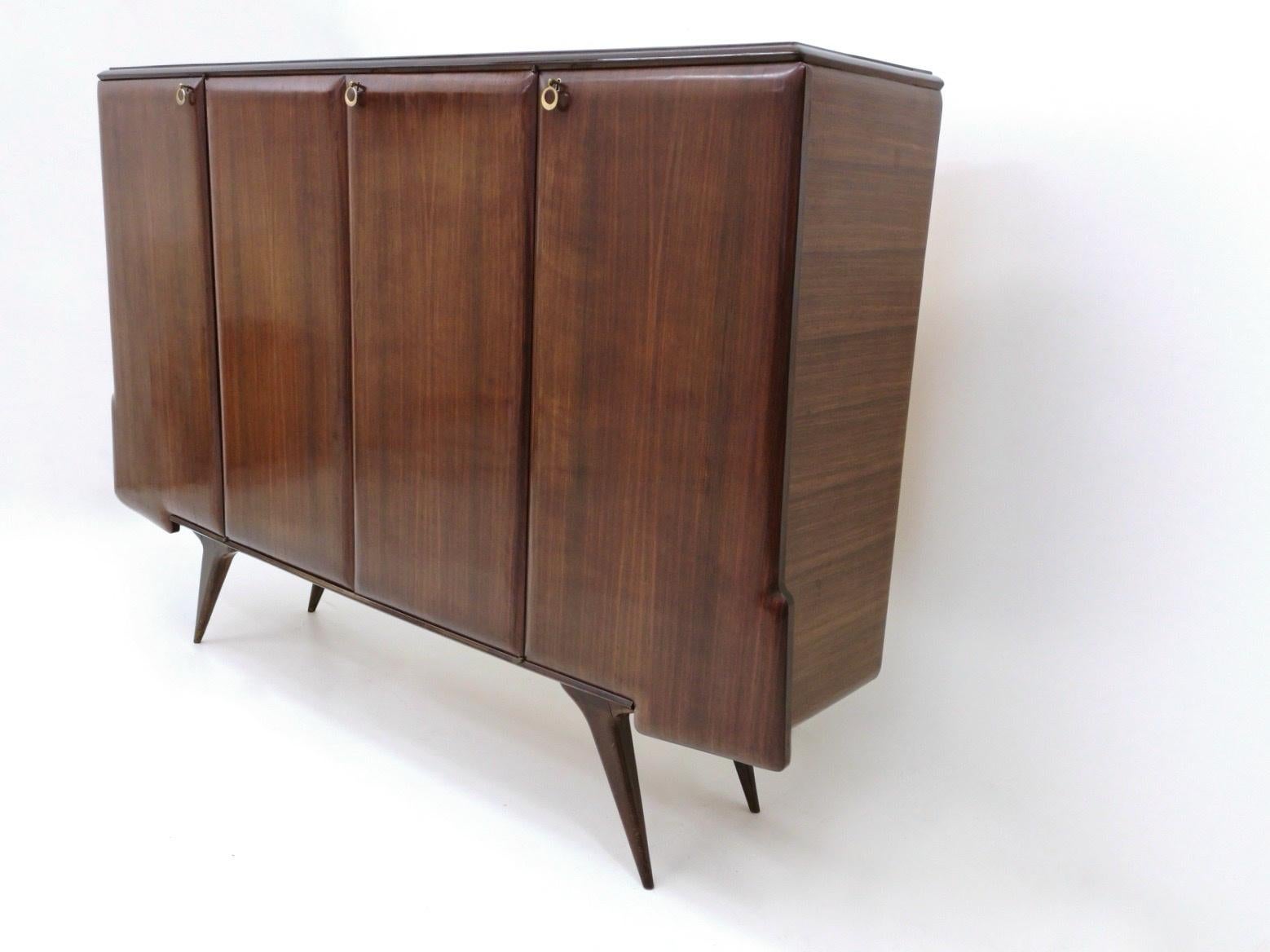 Mid-Century Modern Vintage Walnut Highboard with Mirrored Interiors and Brass Details Italy