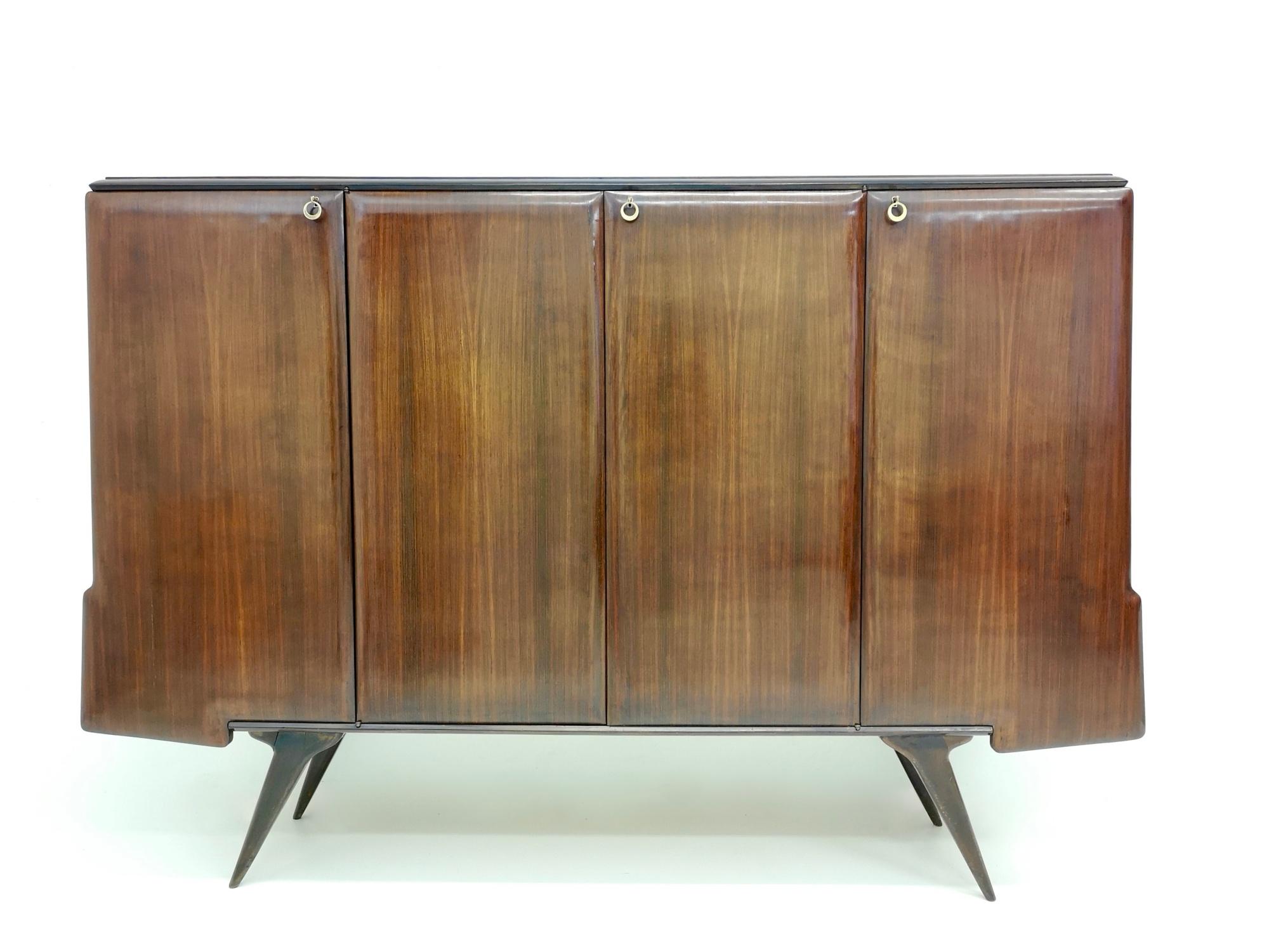 Italian Vintage Walnut Highboard with Mirrored Interiors and Brass Details Italy