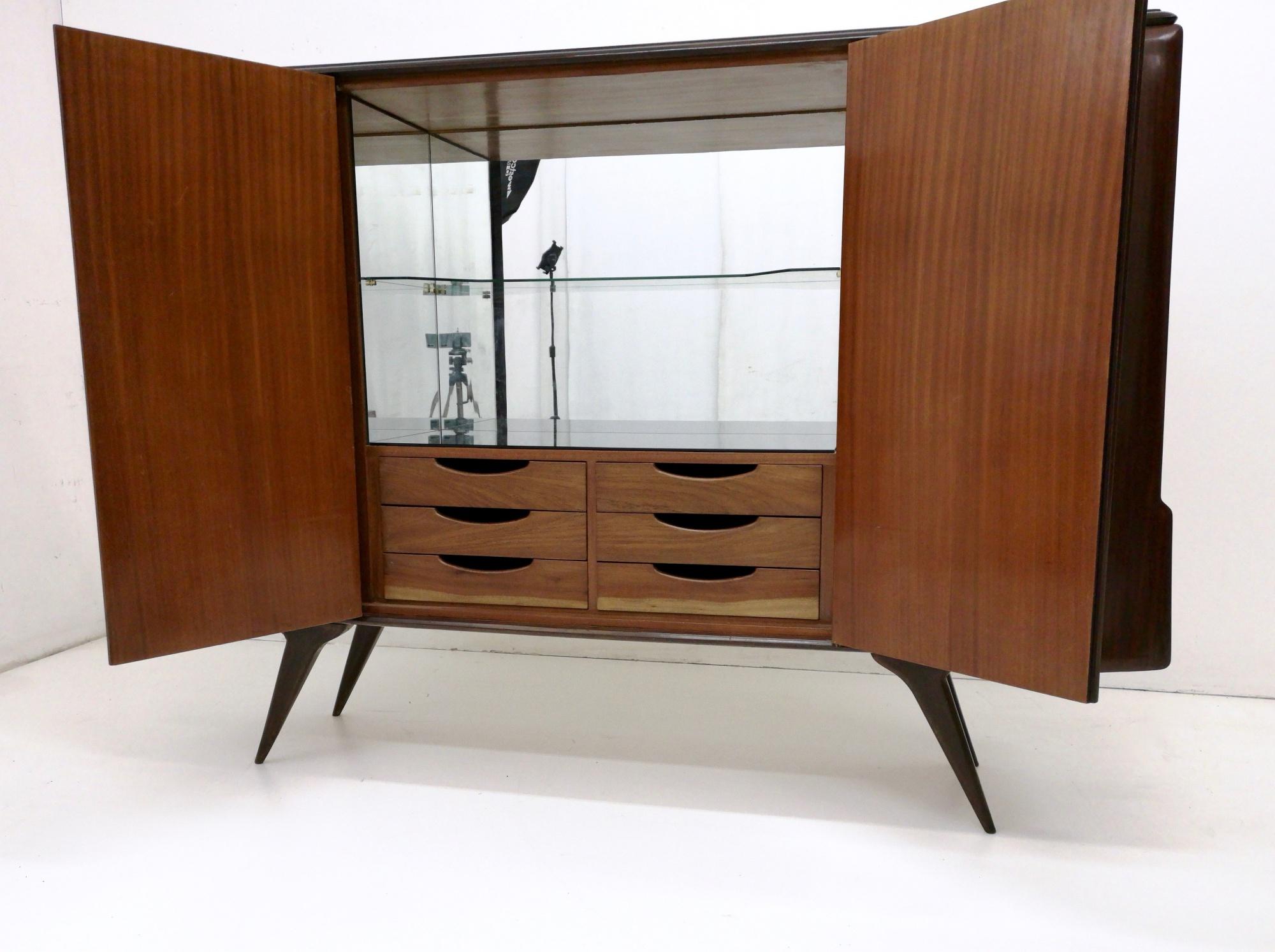 Vintage Walnut Highboard with Mirrored Interiors and Brass Details Italy 1