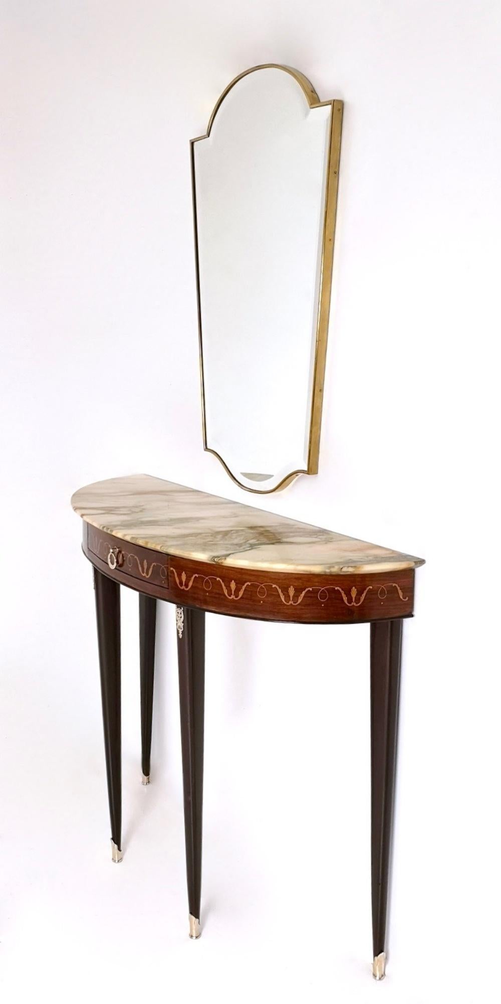 Italian Midcentury Wooden Console Table with a Demilune Marble Top, Italy, 1950s