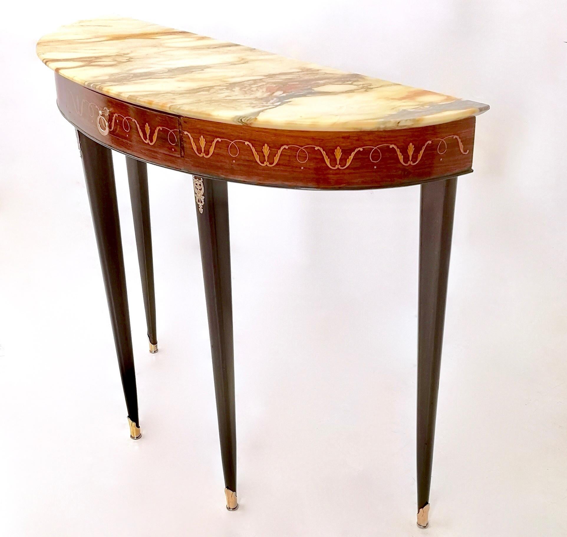 Midcentury Wooden Console Table with a Demilune Marble Top, Italy, 1950s In Excellent Condition In Bresso, Lombardy