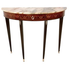 Midcentury Wooden Console Table with a Demilune Marble Top, Italy, 1950s