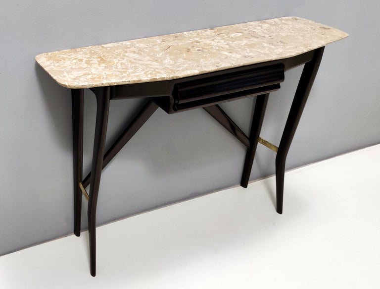 Italian Midcentury Wooden Console Table with a Lumachella Marble Top, Italy For Sale