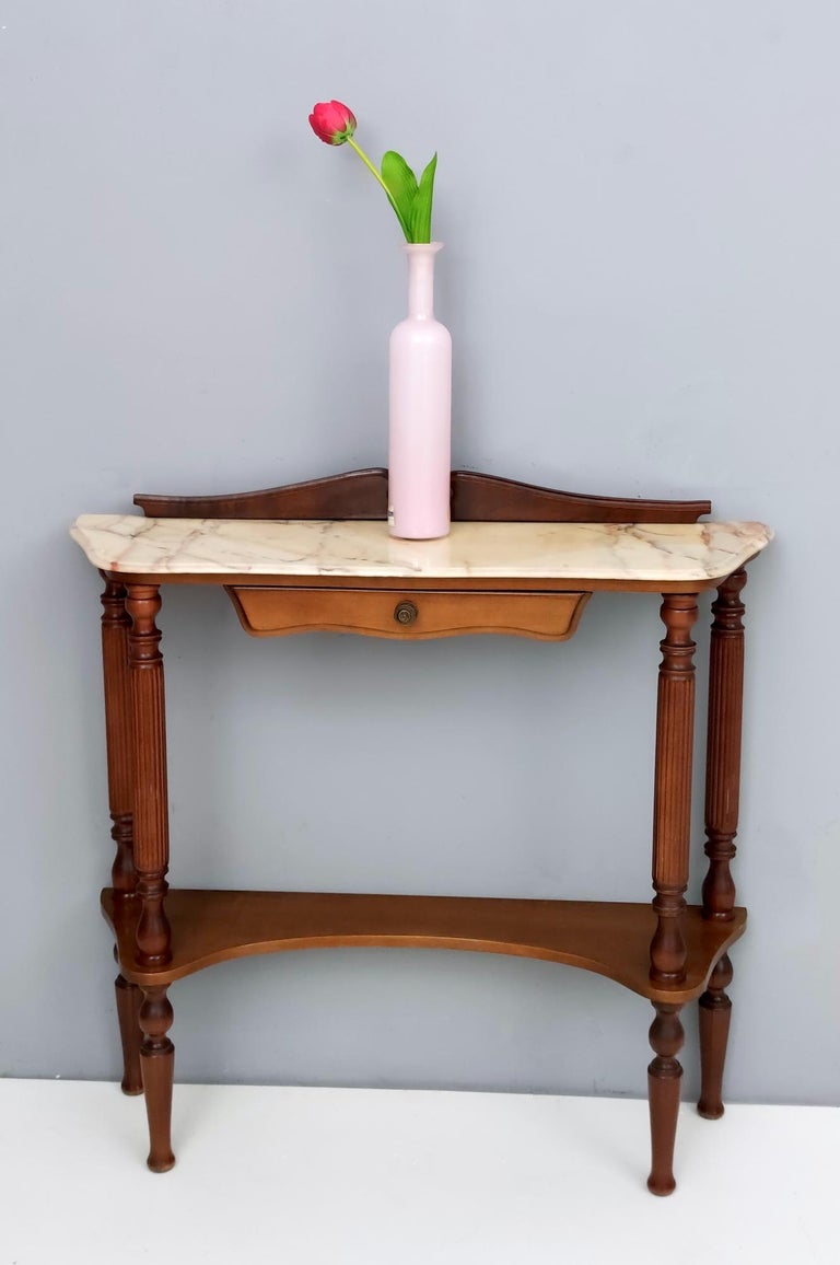 Italian Midcentury Wooden Console Table with a Portuguese Pink Marble Top, Italy For Sale