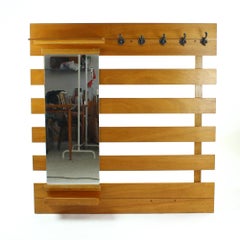 Midcentury Wooden Hallway Rack Wall with Mirror and Shelves, Czechoslovakia