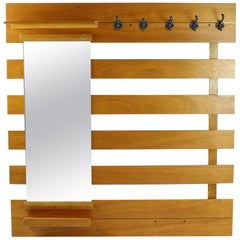 Midcentury Wooden Hallway Rack Wall with Mirror and Shelves, Czechoslovakia