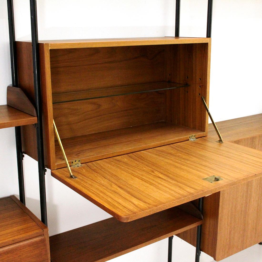 Glass Midcentury Wooden Italian Wall Unit with Corner, 1950s