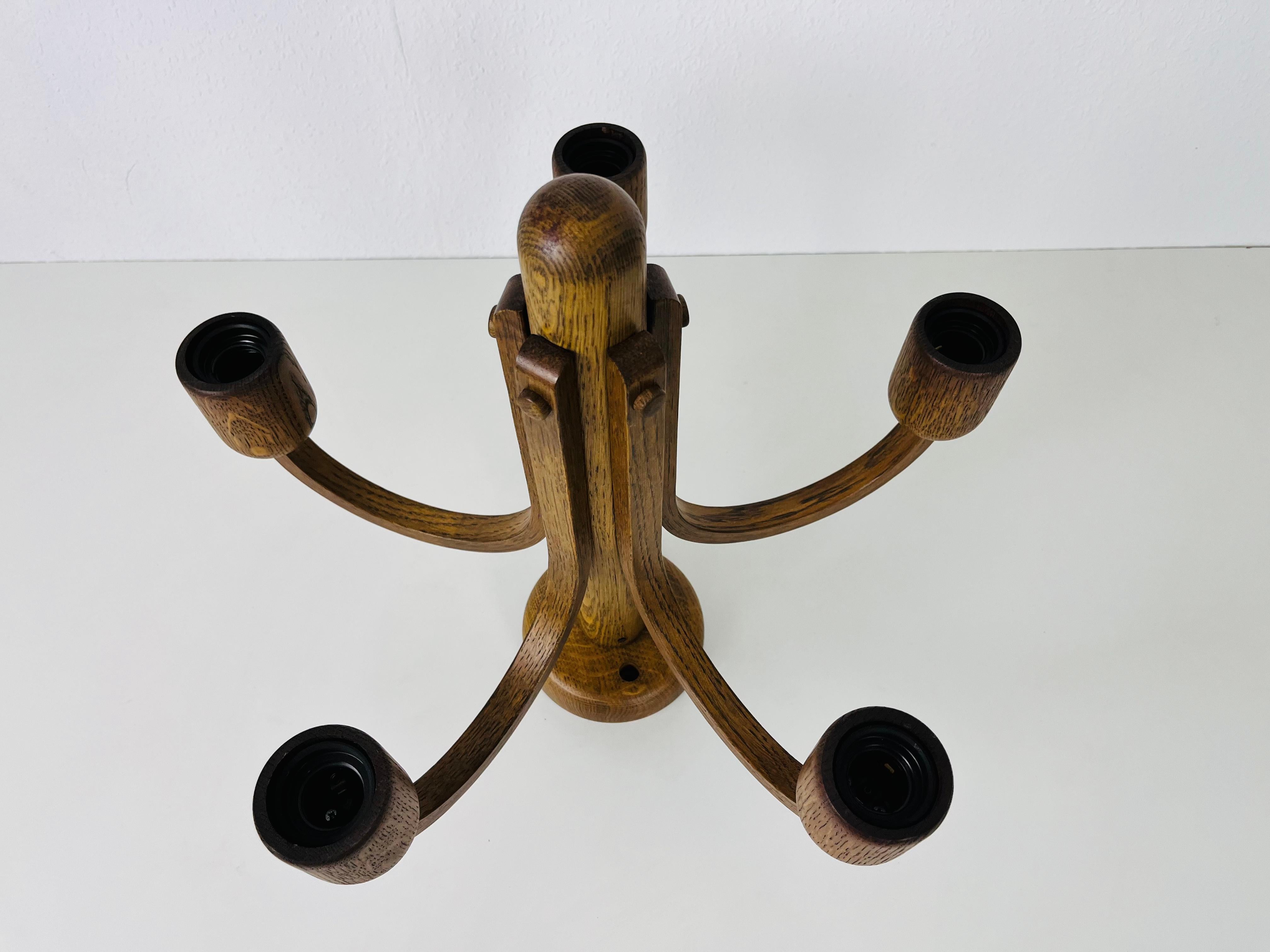 German Midcentury Wooden Pendant Lamp with 5 Arms by Domus, 1960s For Sale