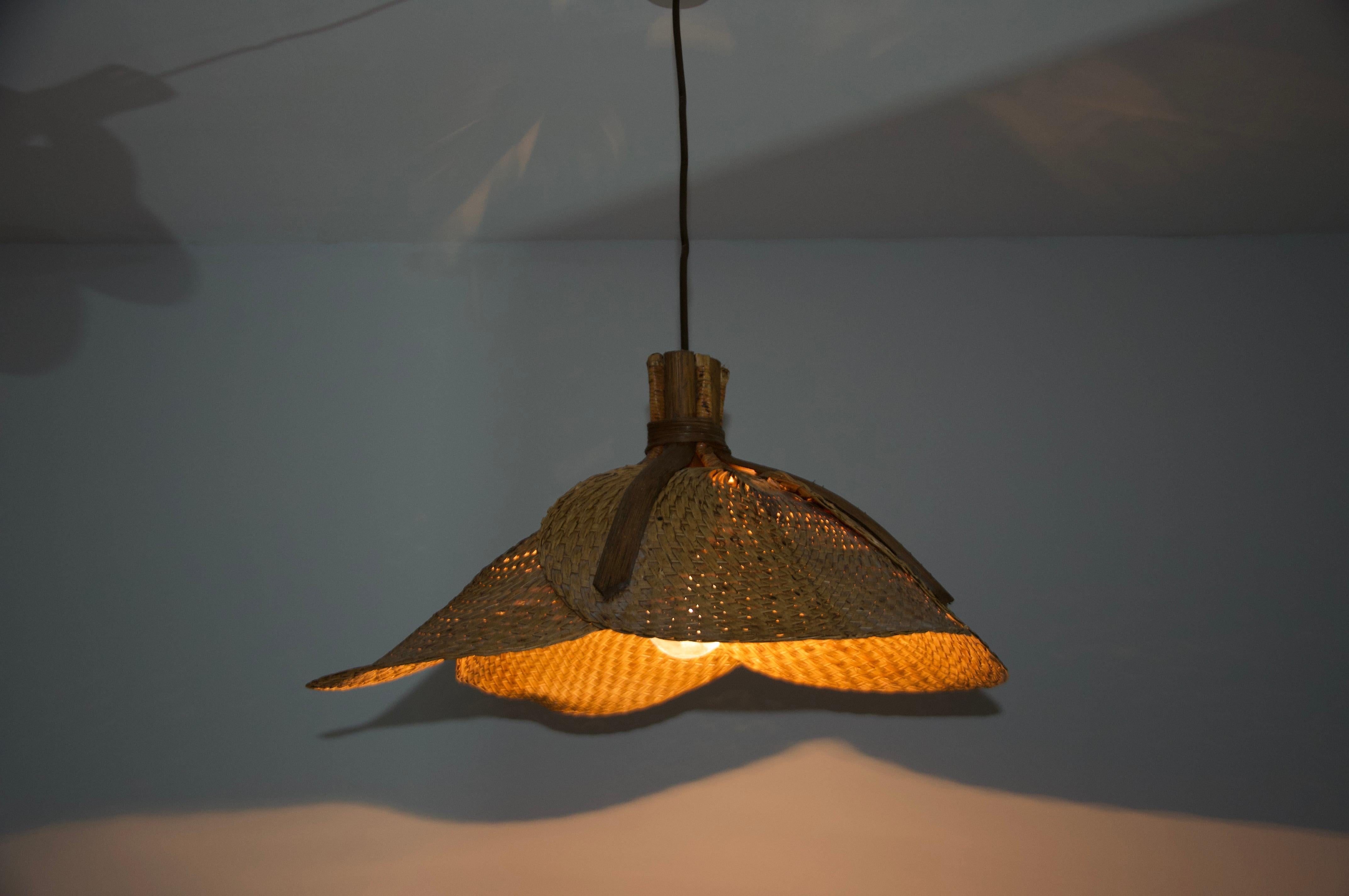 Midcentury Wooden Rattan Pendant Lamp, Italy, 1960s For Sale 5