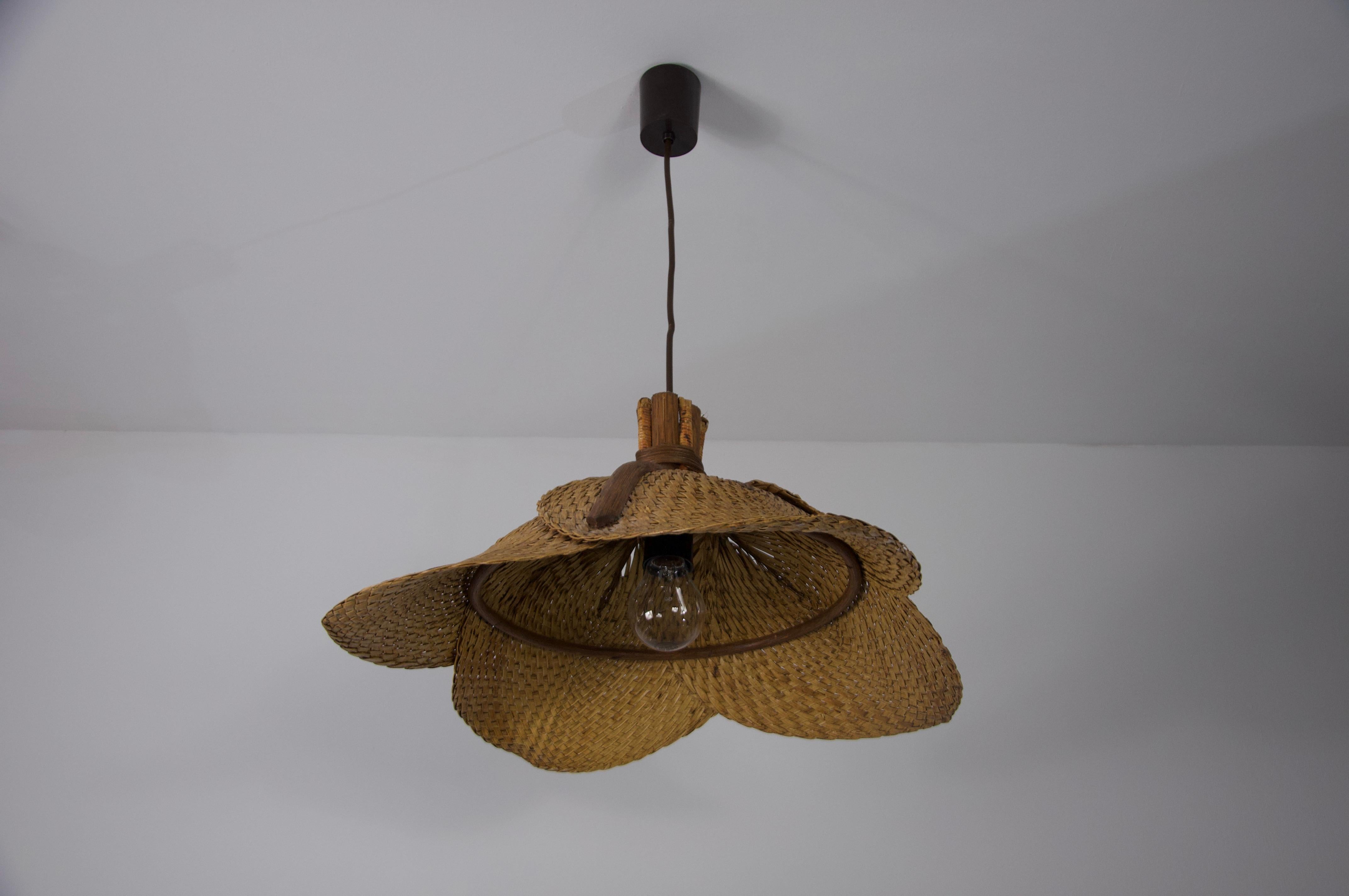 Midcentury Wooden Rattan Pendant Lamp, Italy, 1960s In Good Condition For Sale In Hagenbach, DE