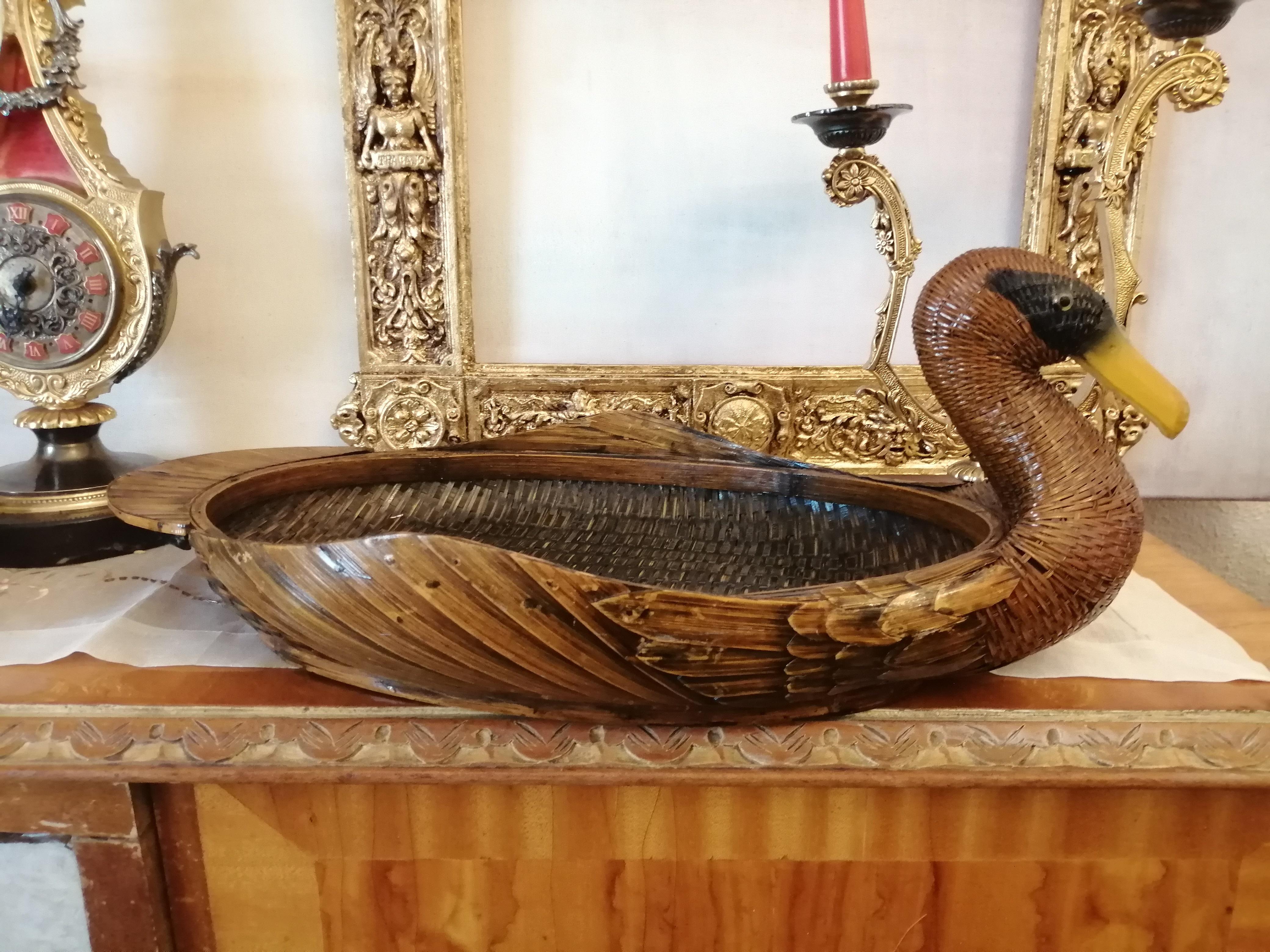 Midcentury Wooden Tray and Rattan, Duck-Shaped 4