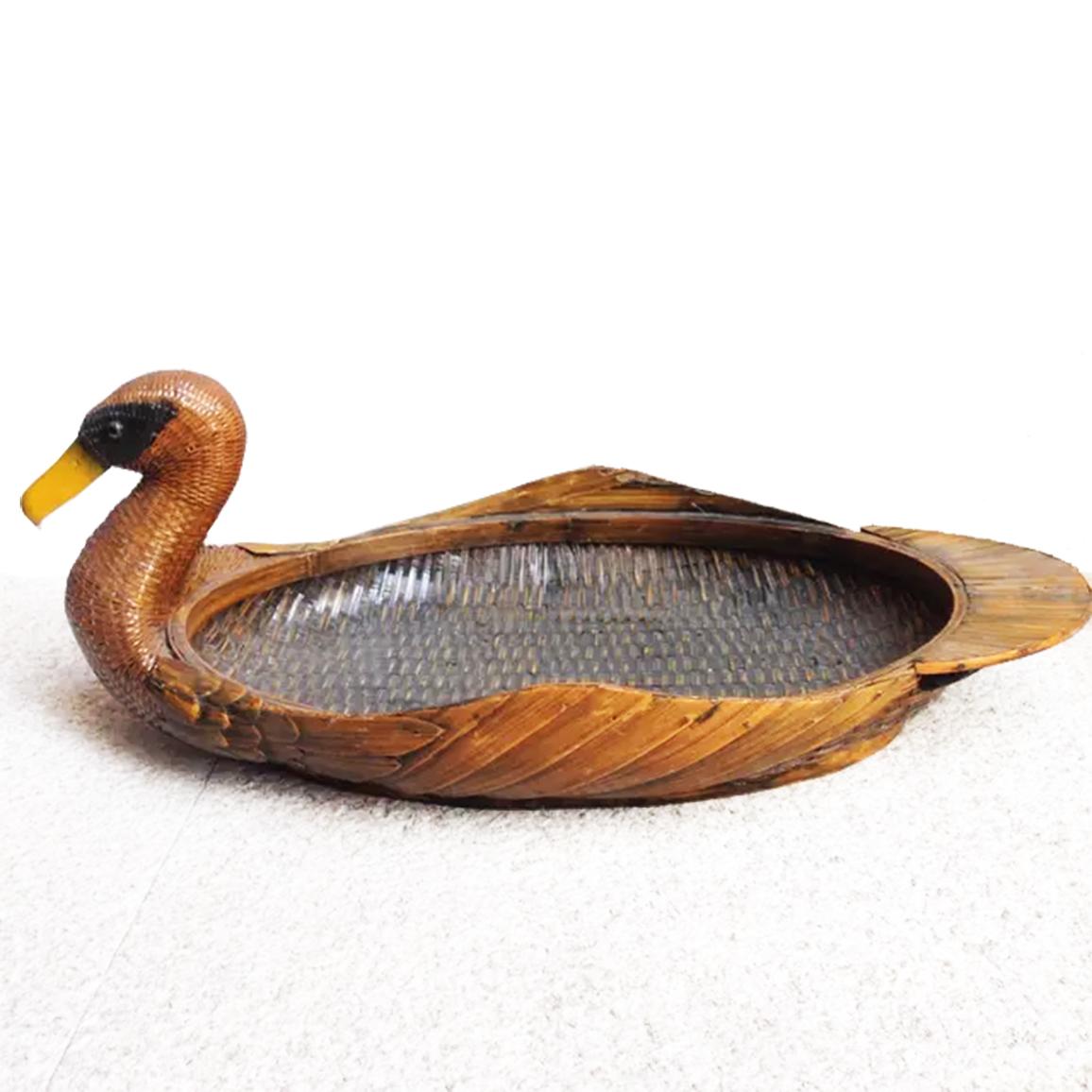 Spanish Midcentury Wooden Tray and Rattan, Duck-Shaped