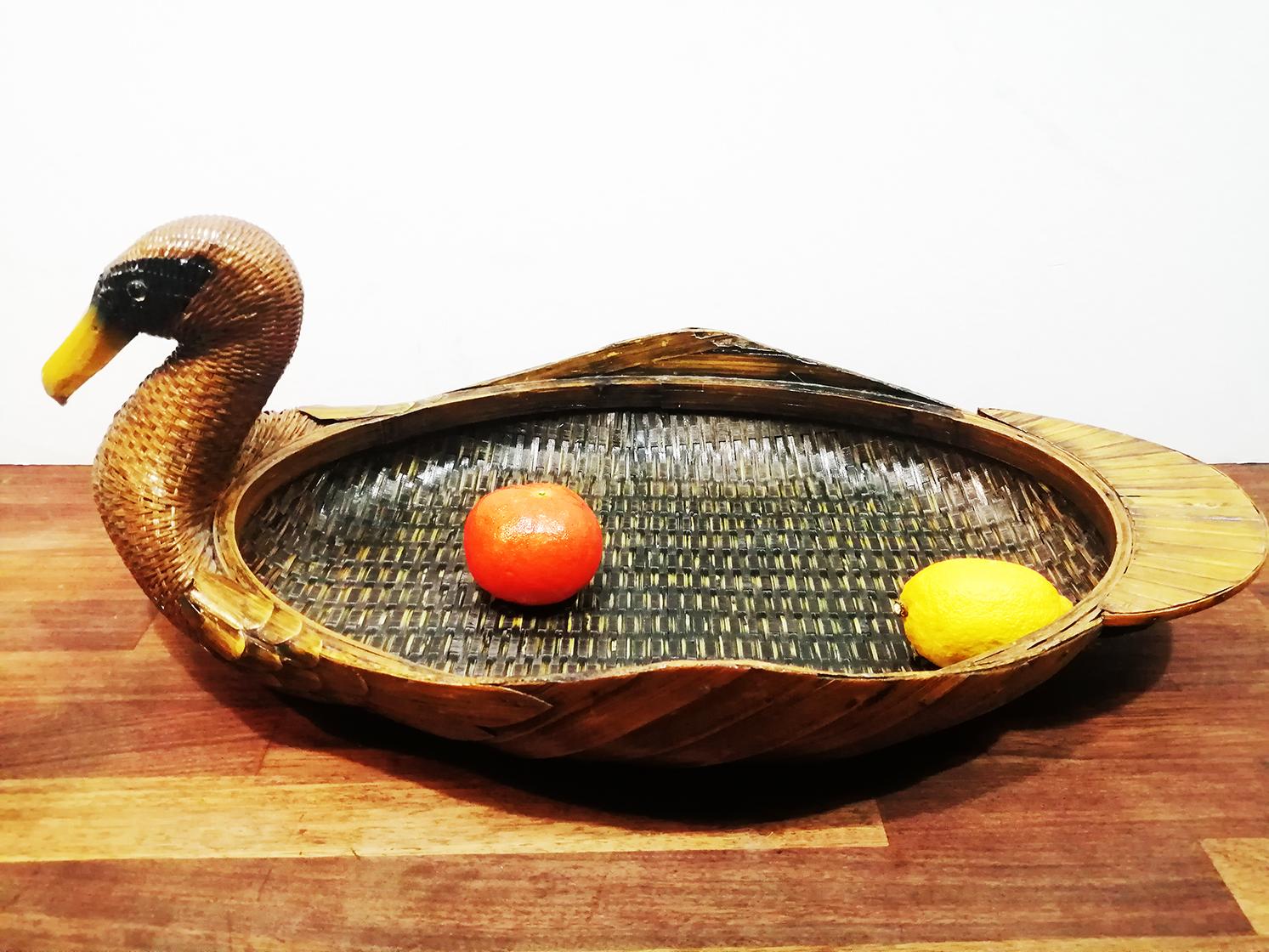 Mid-Century Modern Midcentury Wooden Tray and Rattan, Duck-Shaped