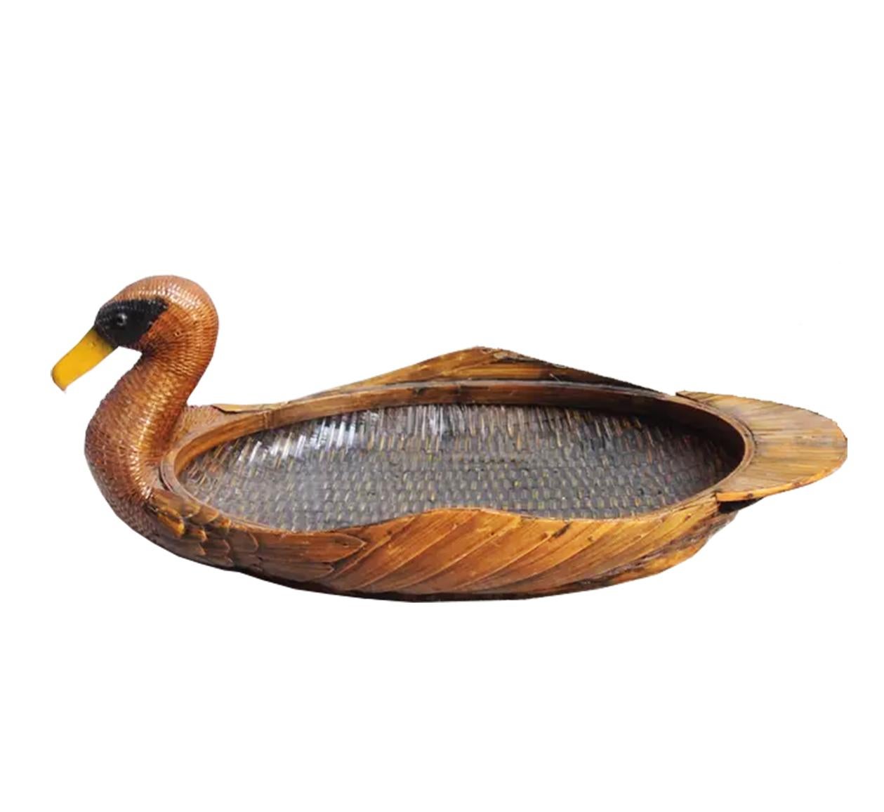 Midcentury Wooden Tray and Rattan, Duck-Shaped In Good Condition In Mombuey, Zamora