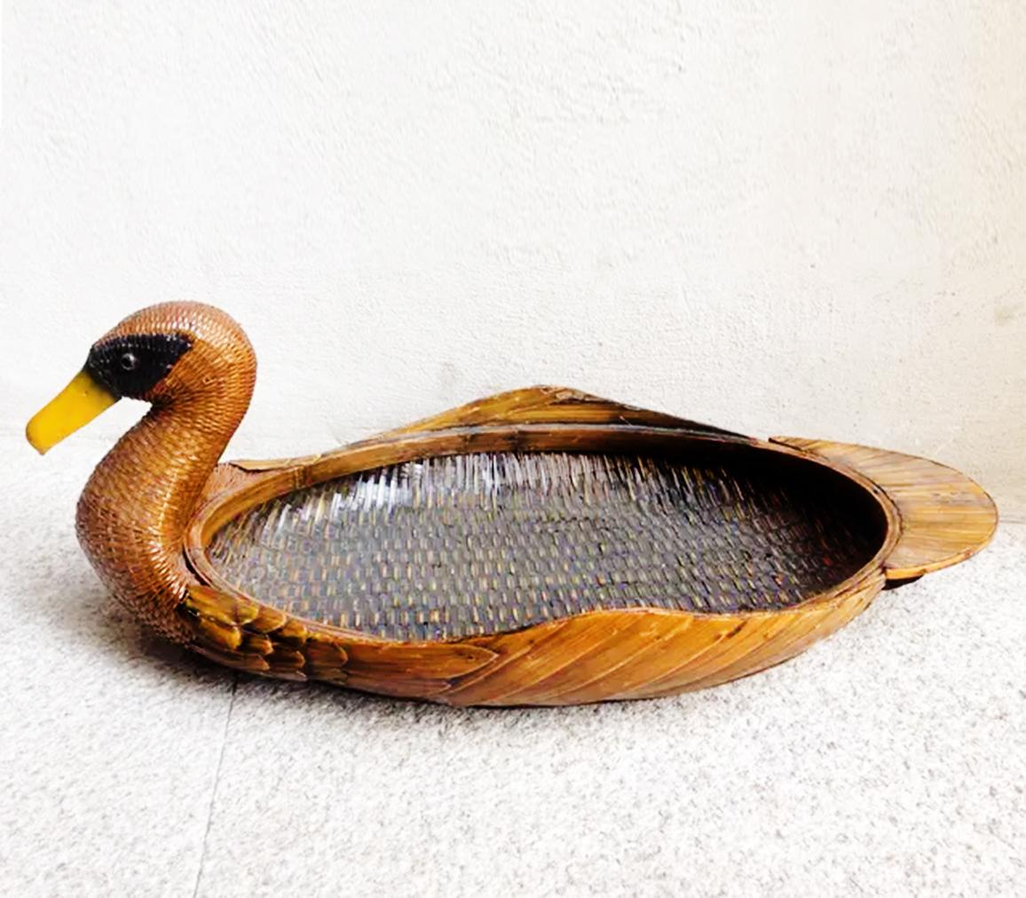 Midcentury Wooden Tray and Rattan, Duck-Shaped 1