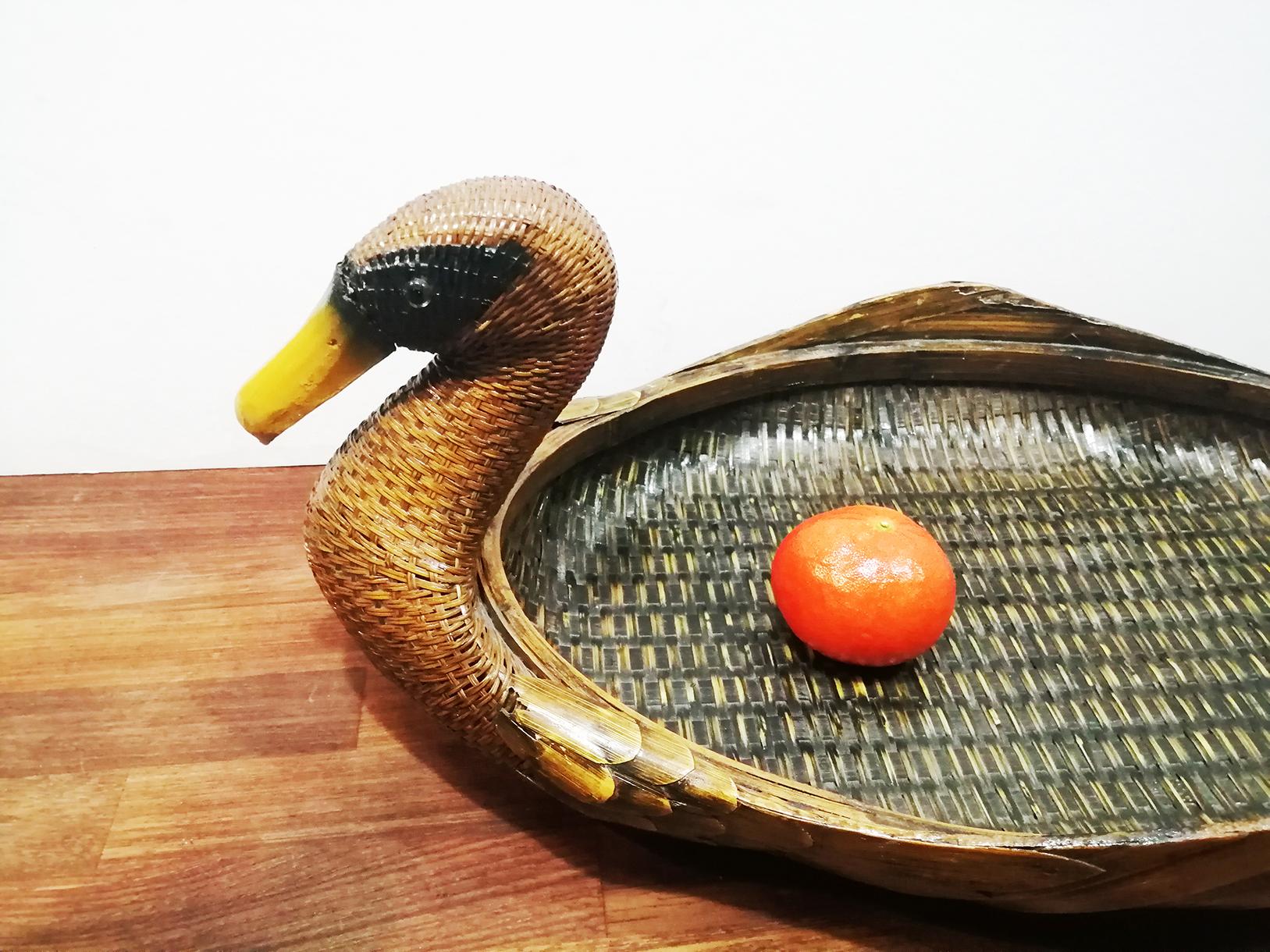 Midcentury Wooden Tray and Rattan, Duck-Shaped 2