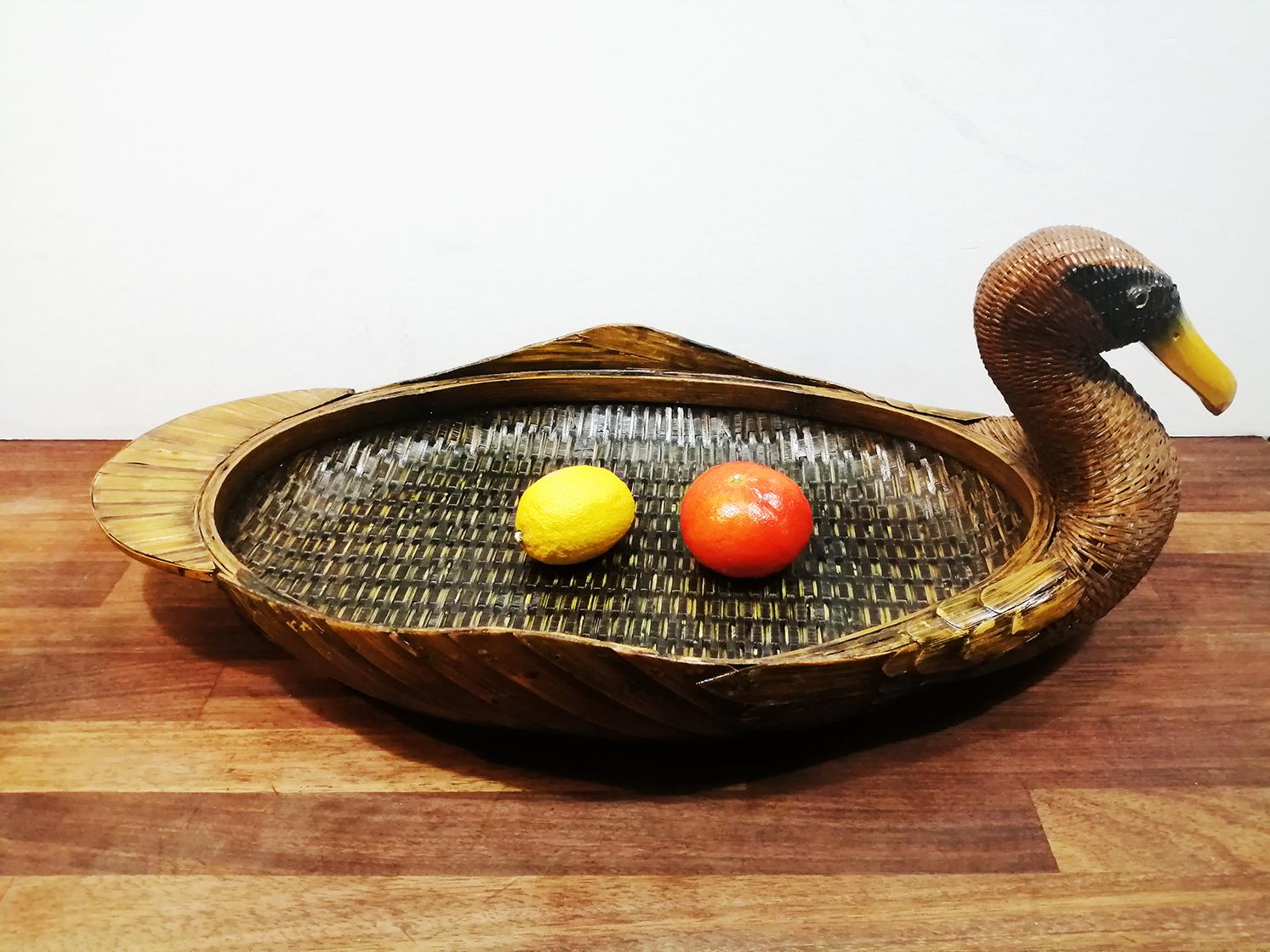 Midcentury Wooden Tray and Rattan, Duck-Shaped 3
