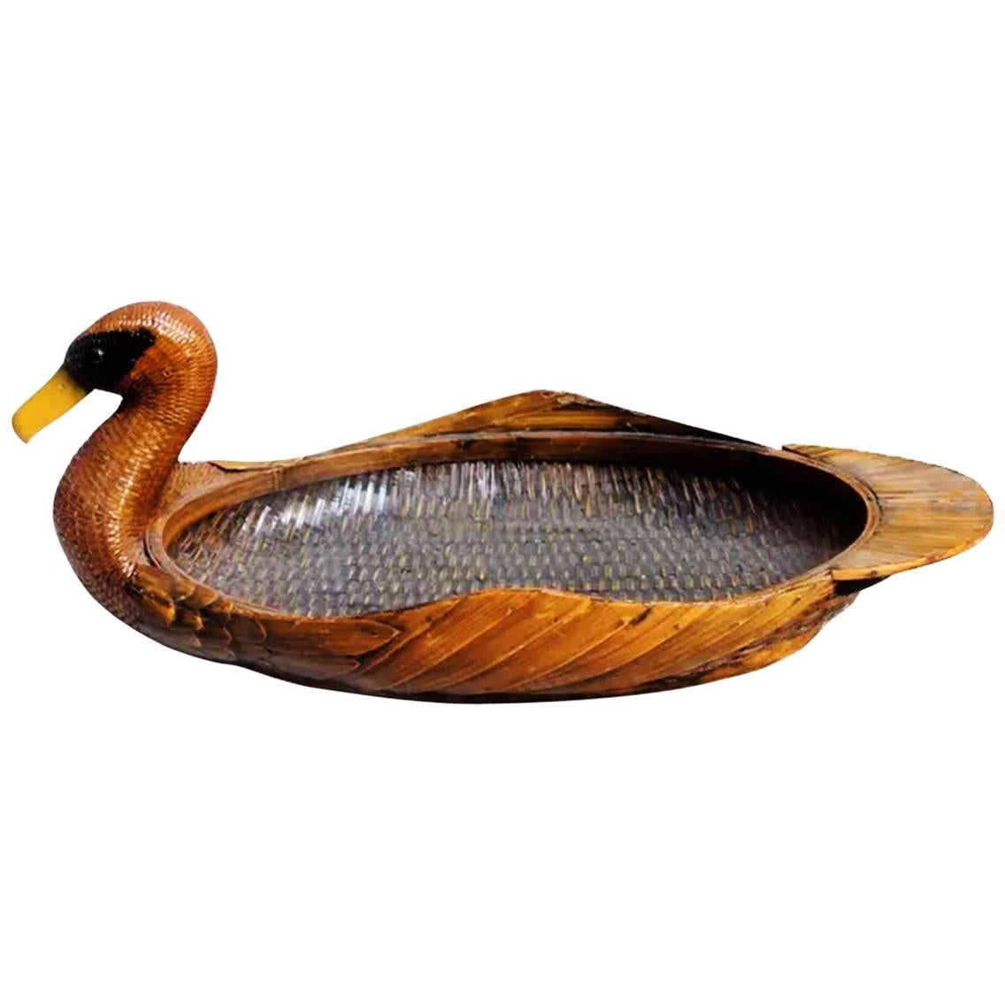 Midcentury Wooden Tray and Rattan, Duck-Shaped
