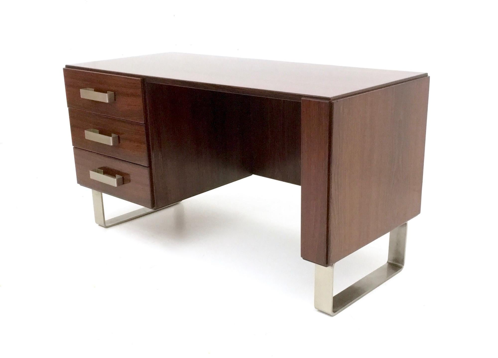 Italian Midcentury Wooden Writing Desk with Nickel-Plated Metal Details, Italy, 1970s