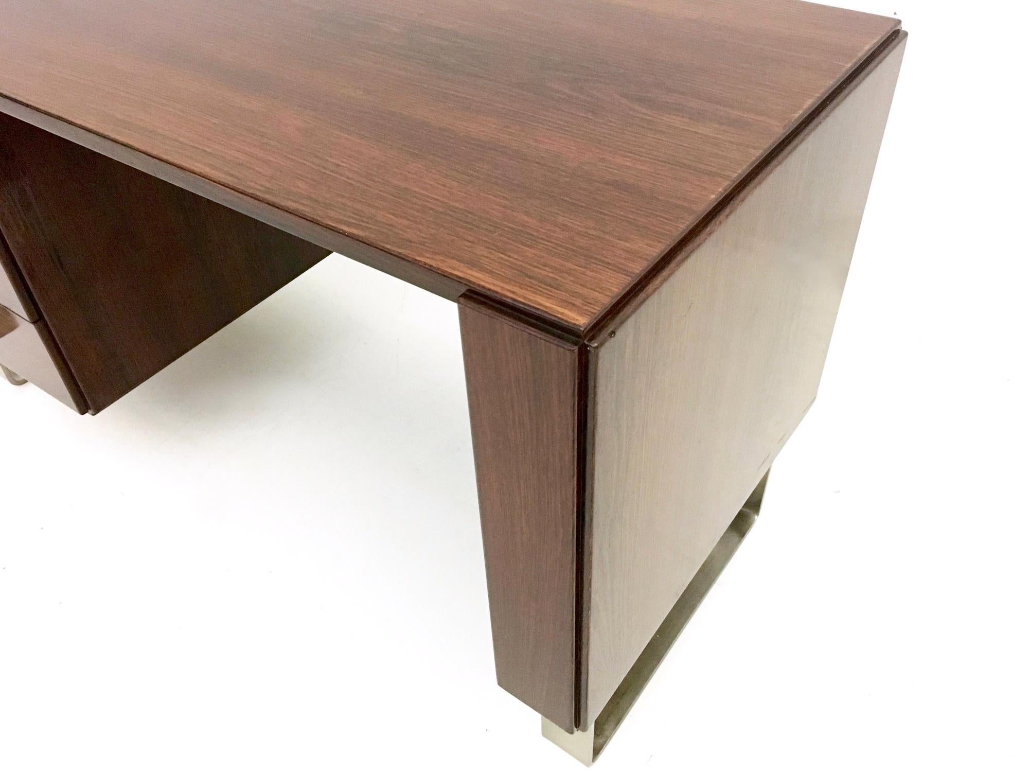 Midcentury Wooden Writing Desk with Nickel-Plated Metal Details, Italy, 1970s 1