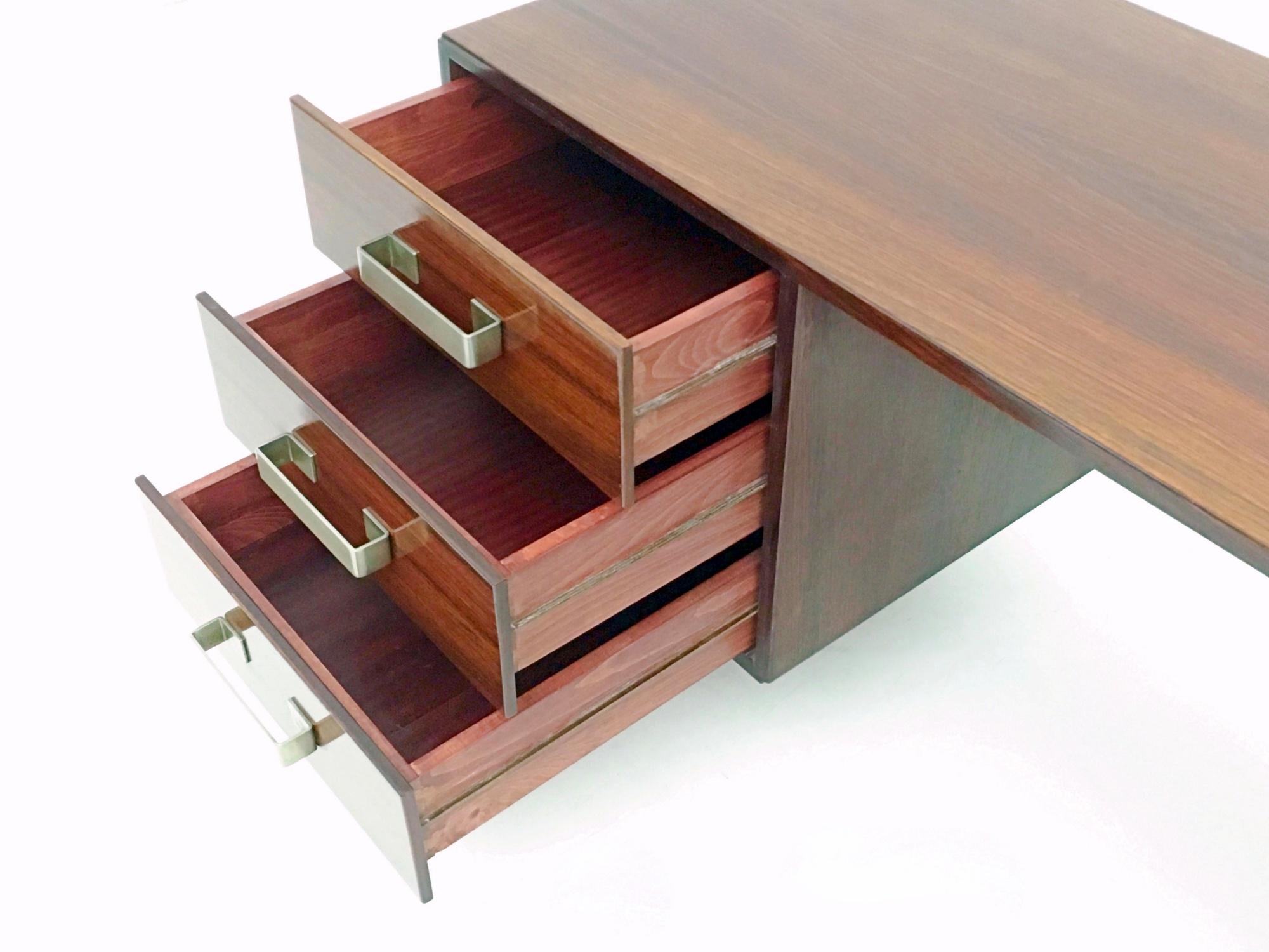 Midcentury Wooden Writing Desk with Nickel-Plated Metal Details, Italy, 1970s 2