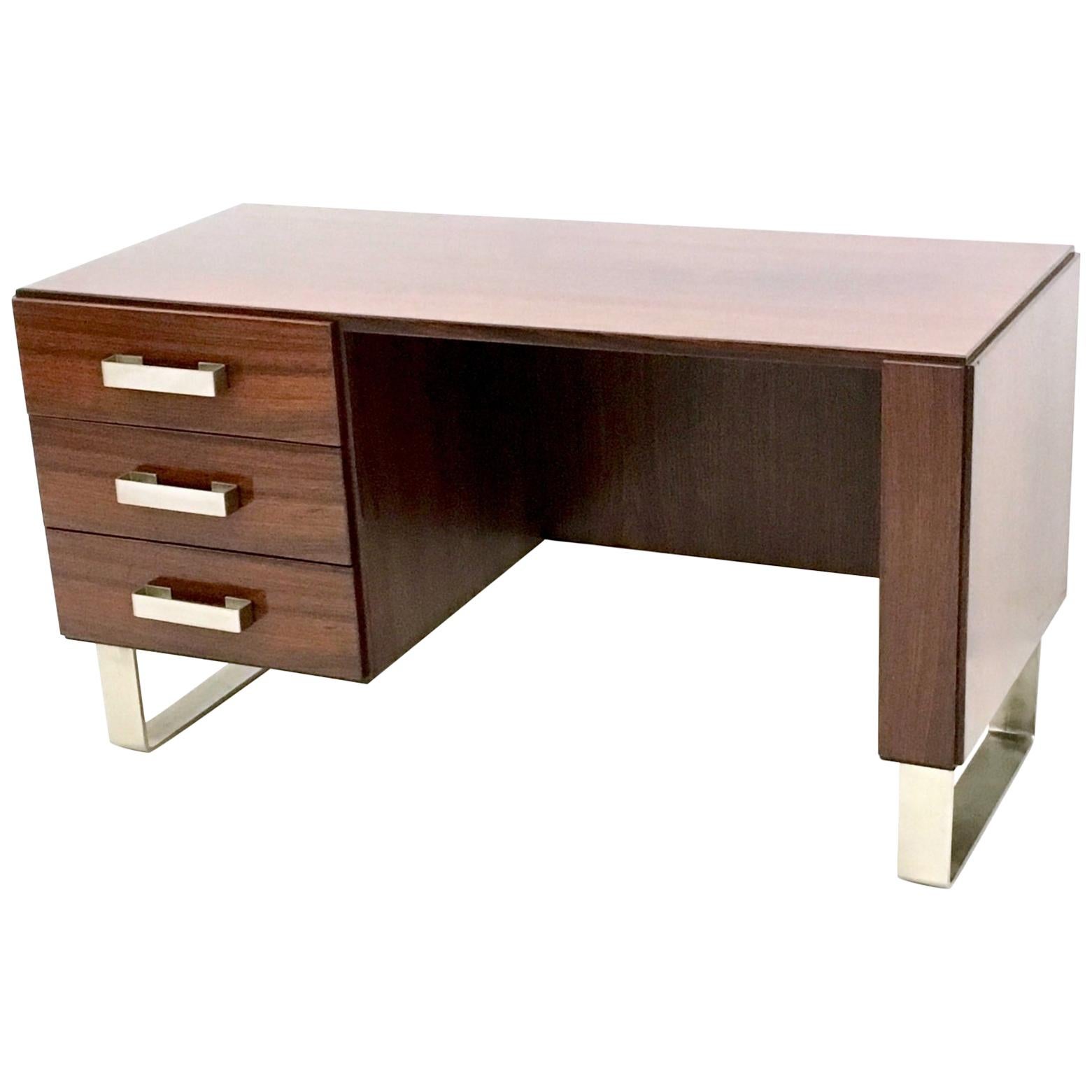Midcentury Wooden Writing Desk with Nickel-Plated Metal Details, Italy, 1970s