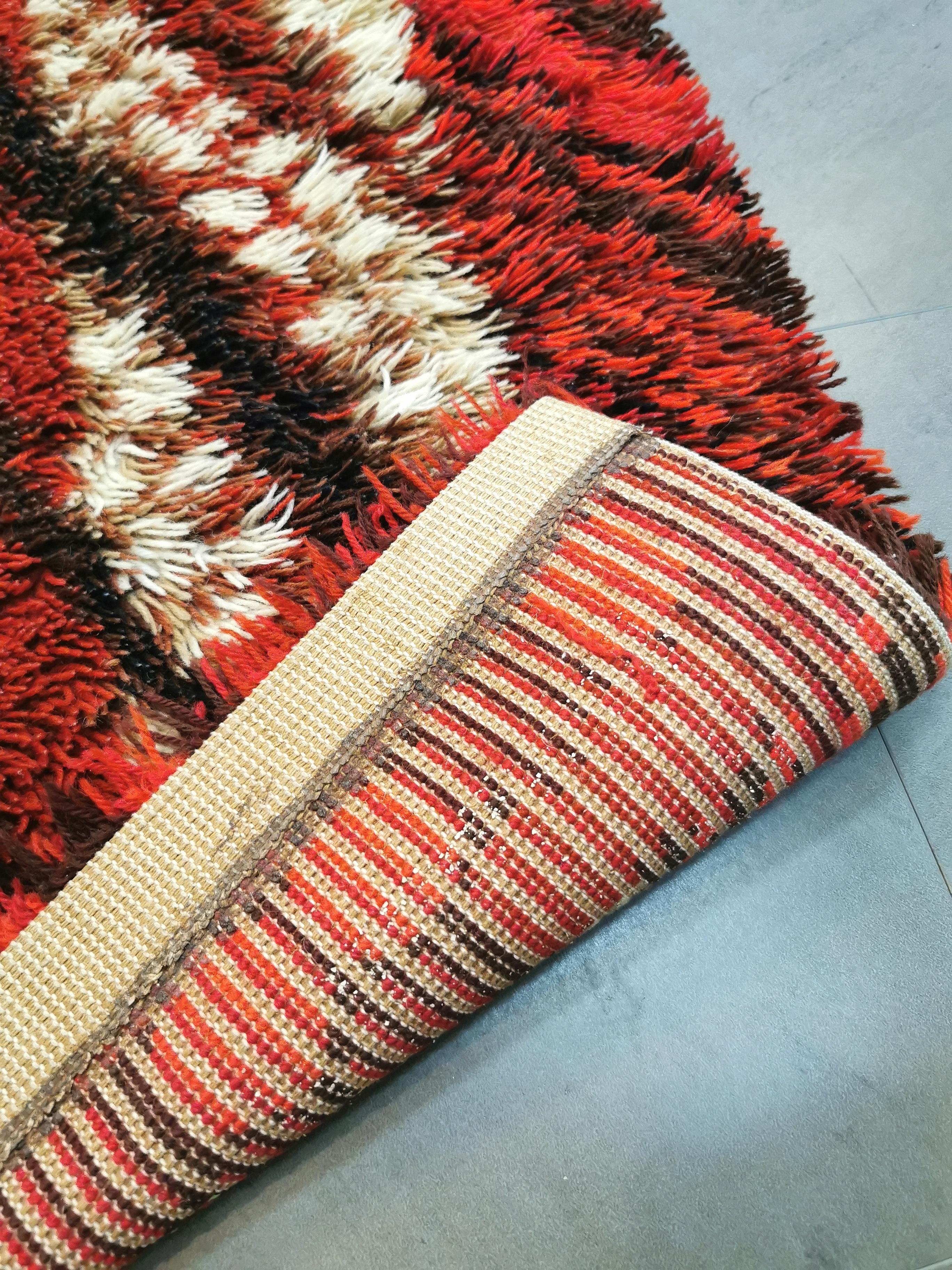 Midcentury Wool Red Black Large Carpet Rya Rug by Marianne Richter Sweden 1960s For Sale 3