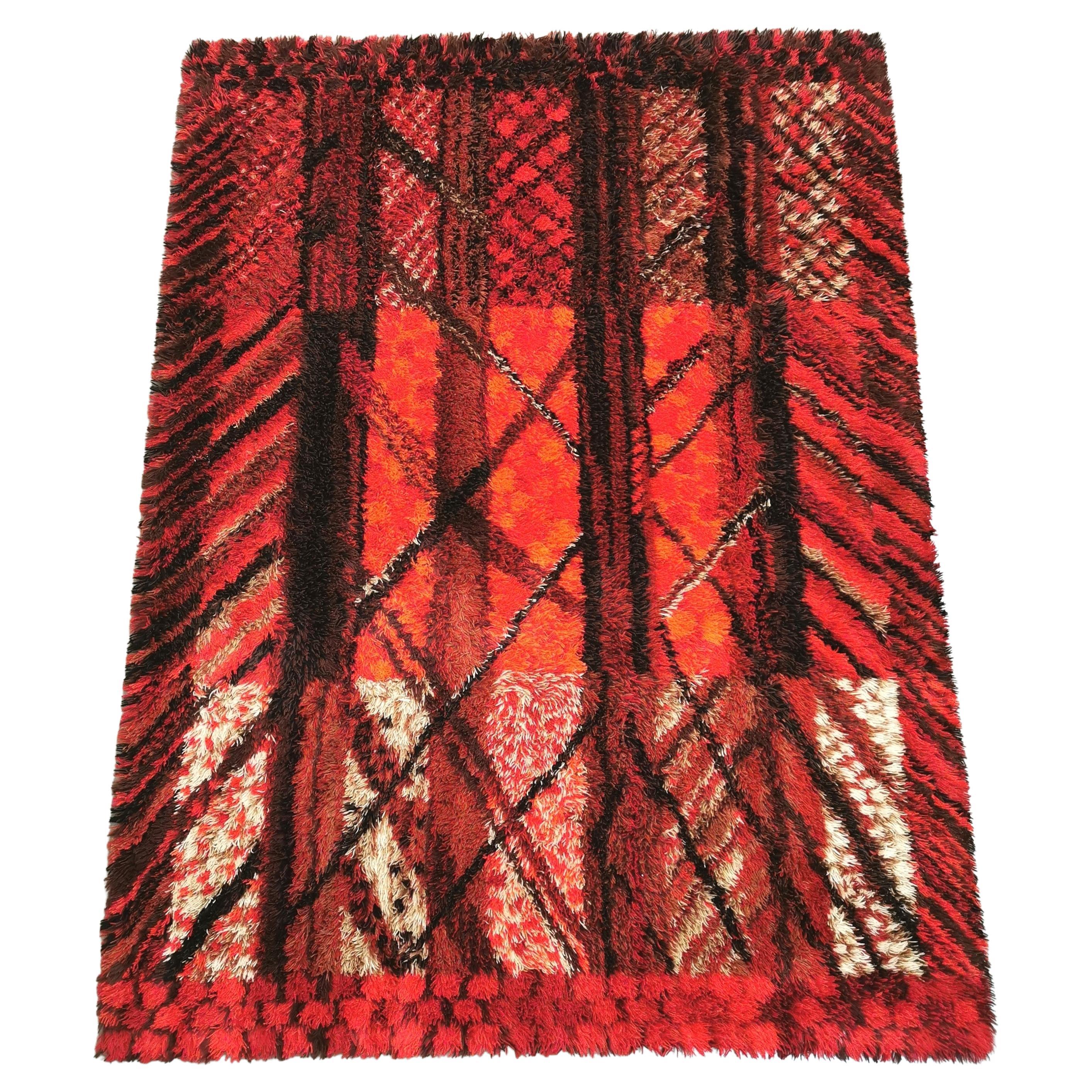 Midcentury Wool Red Black Large Carpet Rya Rug by Marianne Richter Sweden 1960s