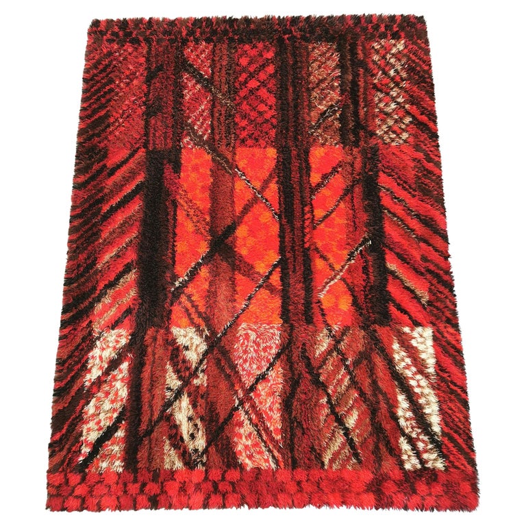 Midcentury Wool Red Black Large Carpet Rya Rug by Marianne Richter