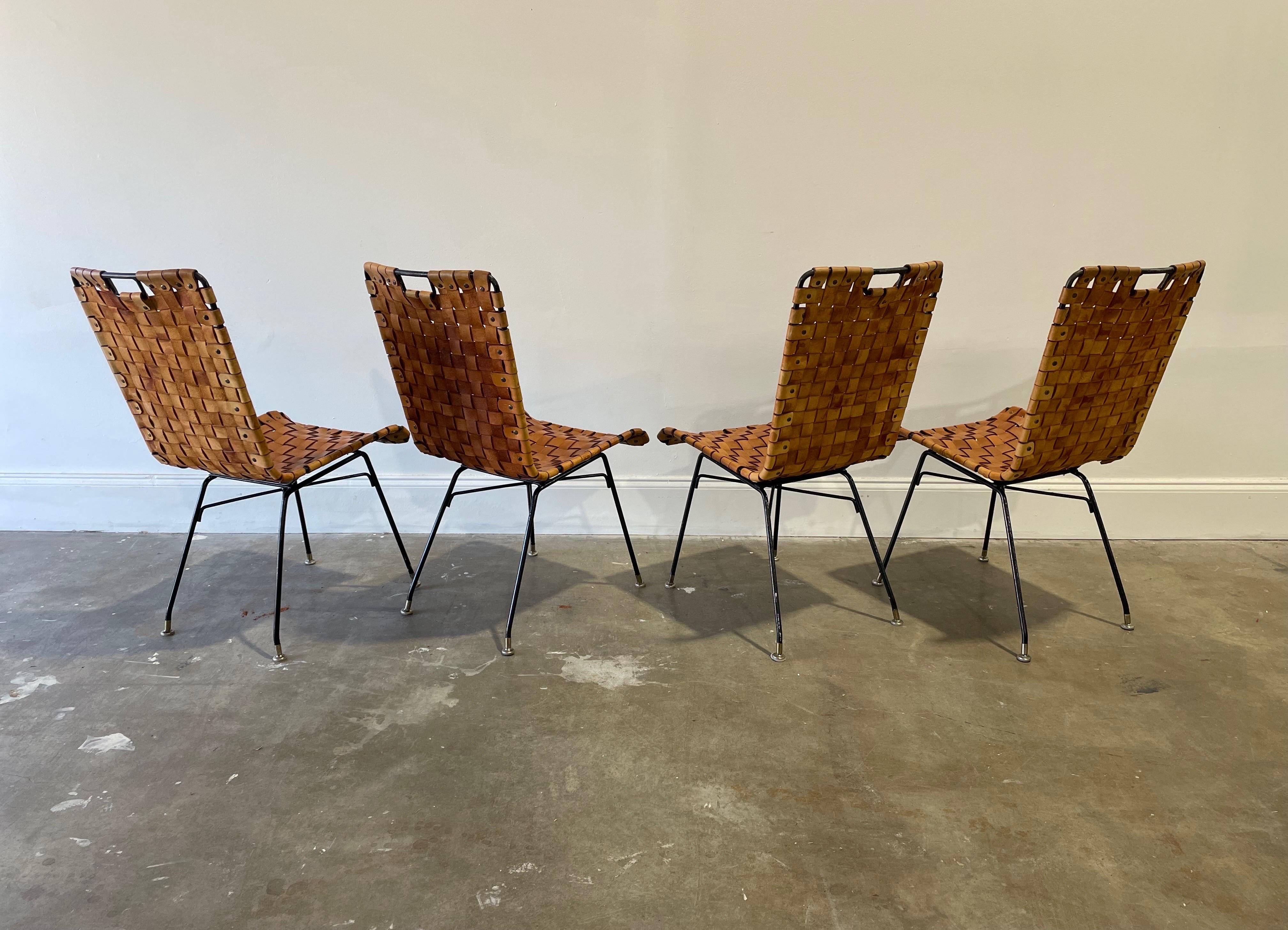 Midcentury Woven Cognac Leather + Wrought Iron Chairs, After Arthur Umanoff 4