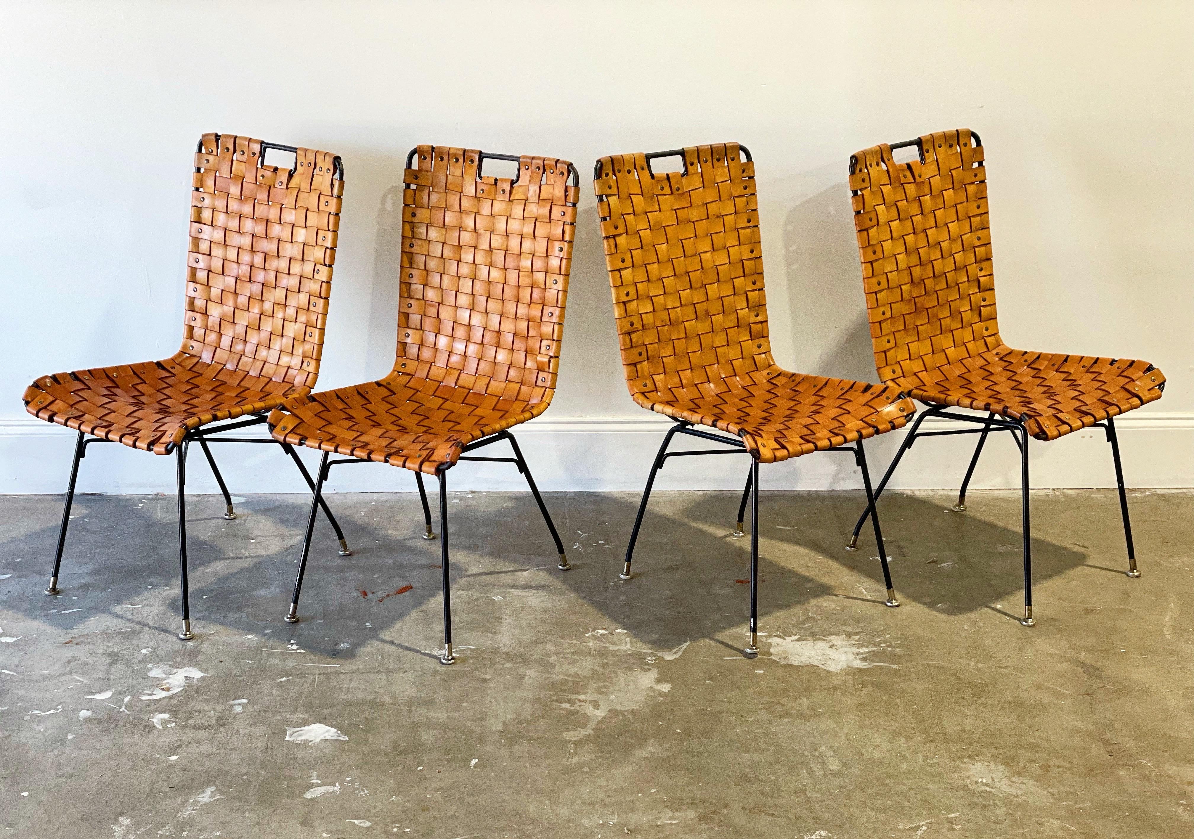 Midcentury Woven Cognac Leather + Wrought Iron Chairs, After Arthur Umanoff 6