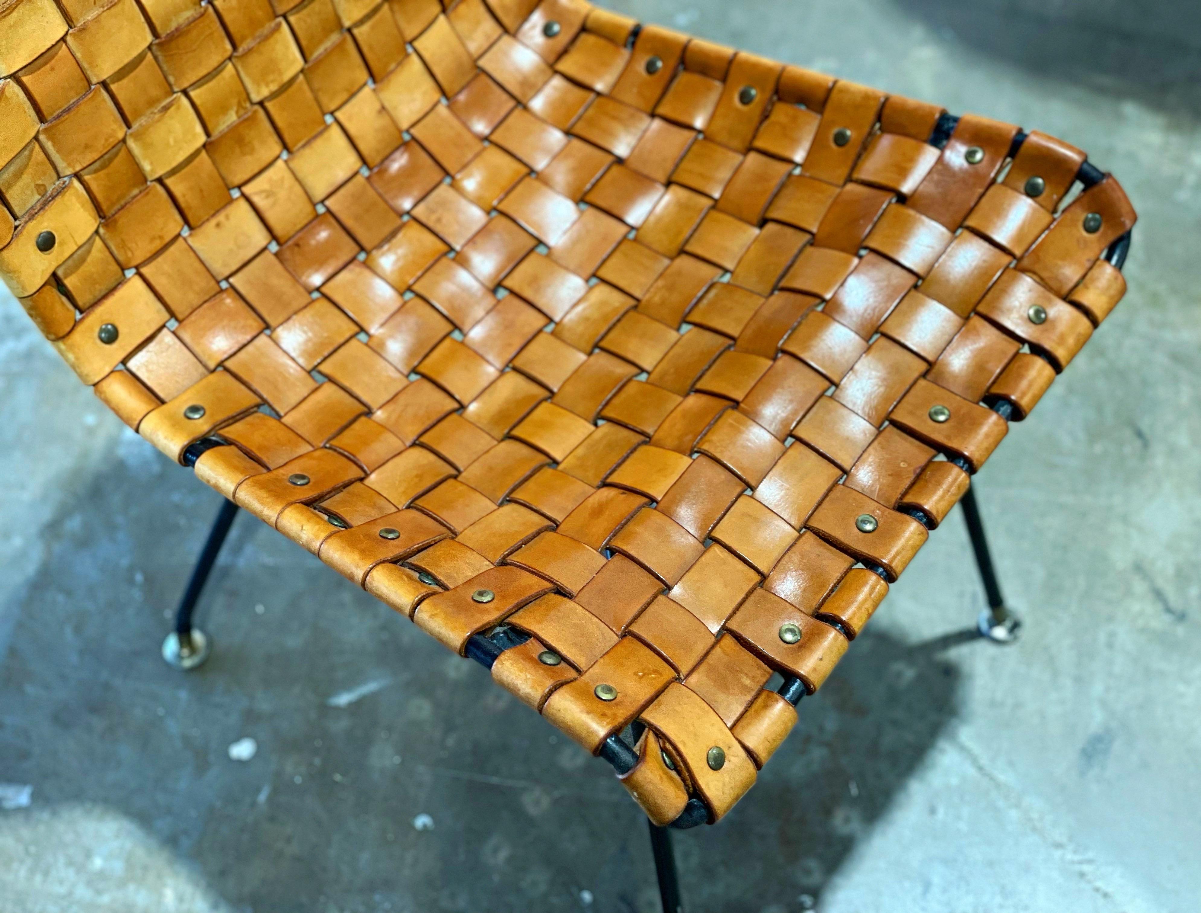 Midcentury Woven Cognac Leather + Wrought Iron Chairs, After Arthur Umanoff 7