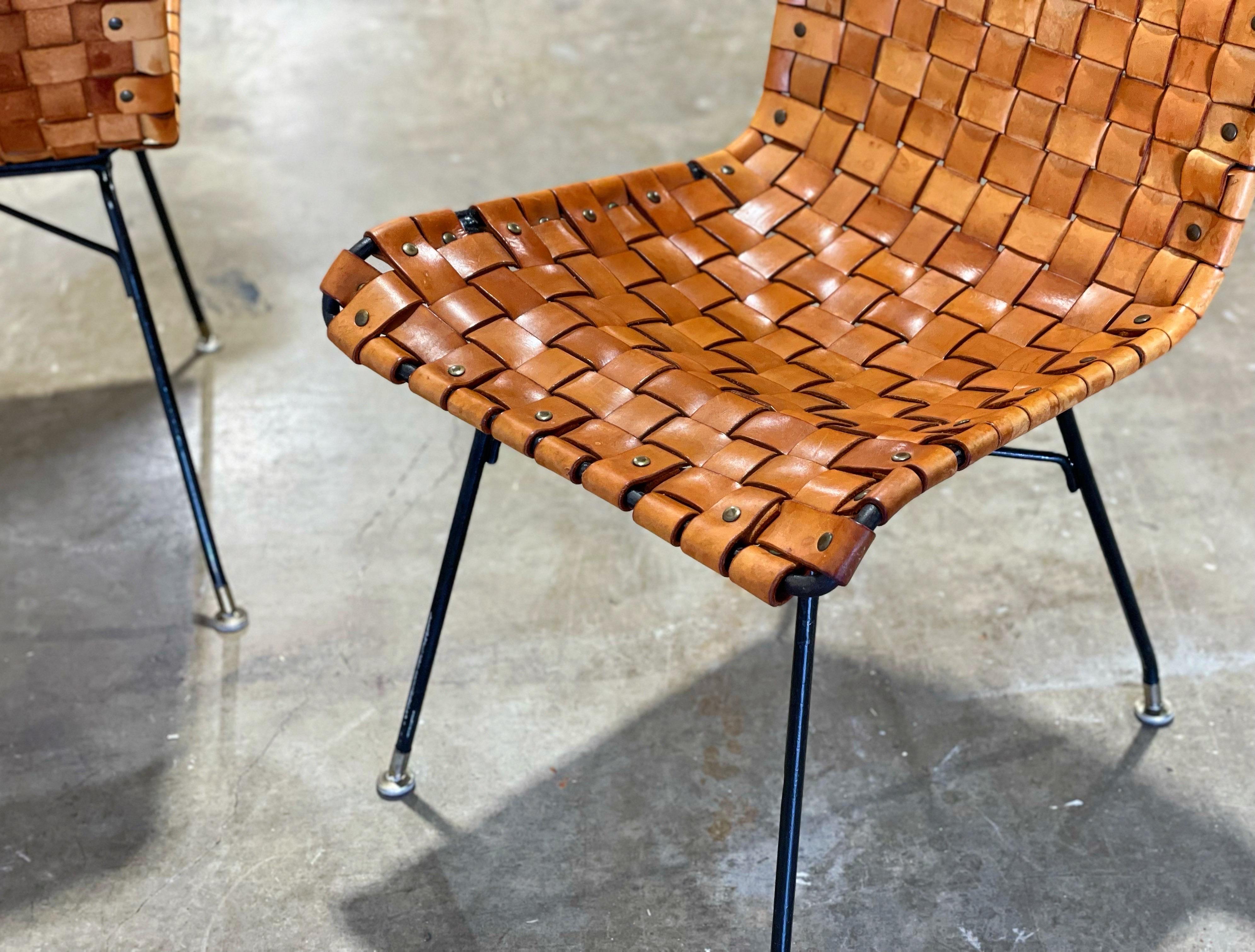 Midcentury Woven Cognac Leather + Wrought Iron Chairs, After Arthur Umanoff 2
