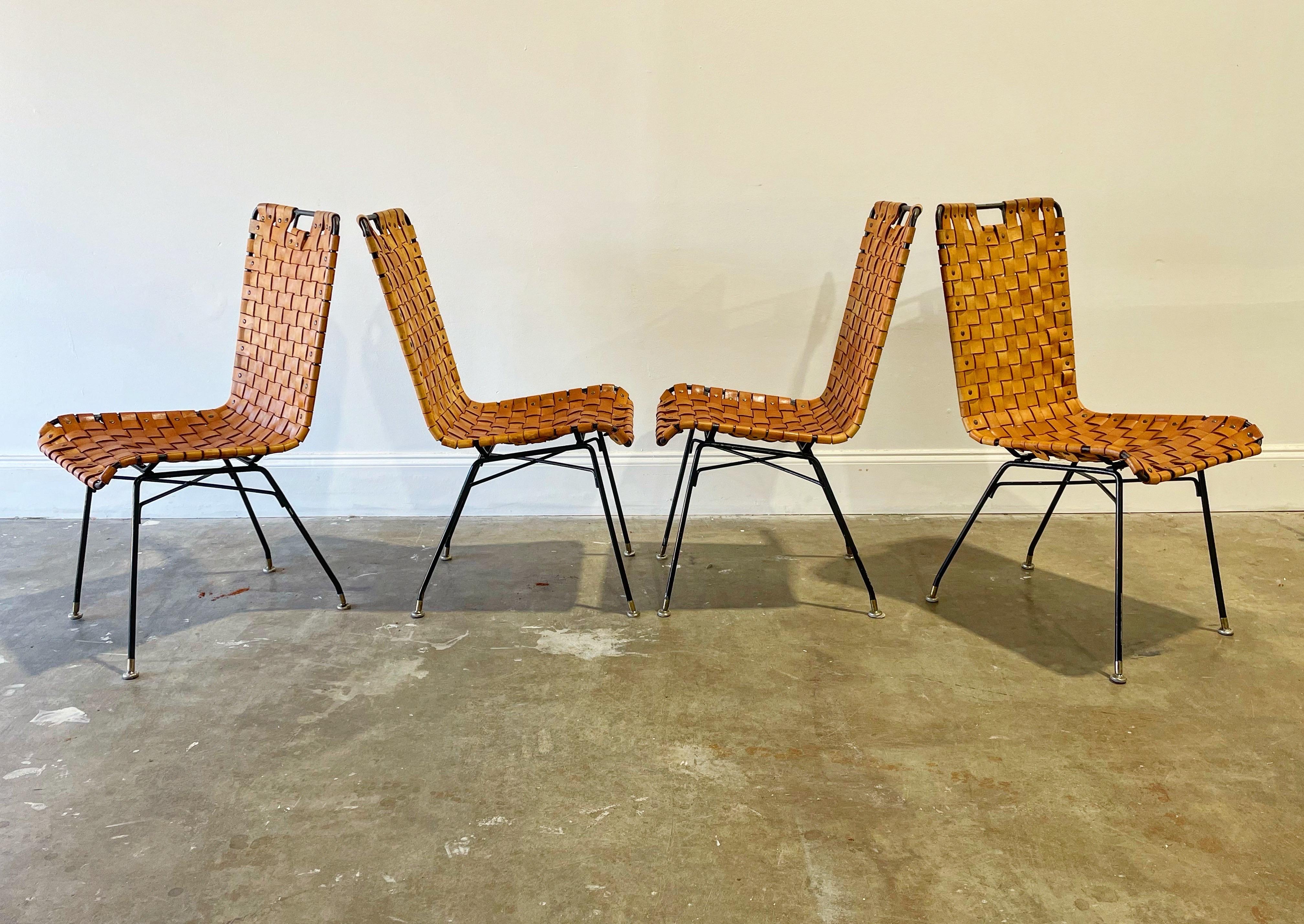 Midcentury Woven Cognac Leather + Wrought Iron Chairs, After Arthur Umanoff 3