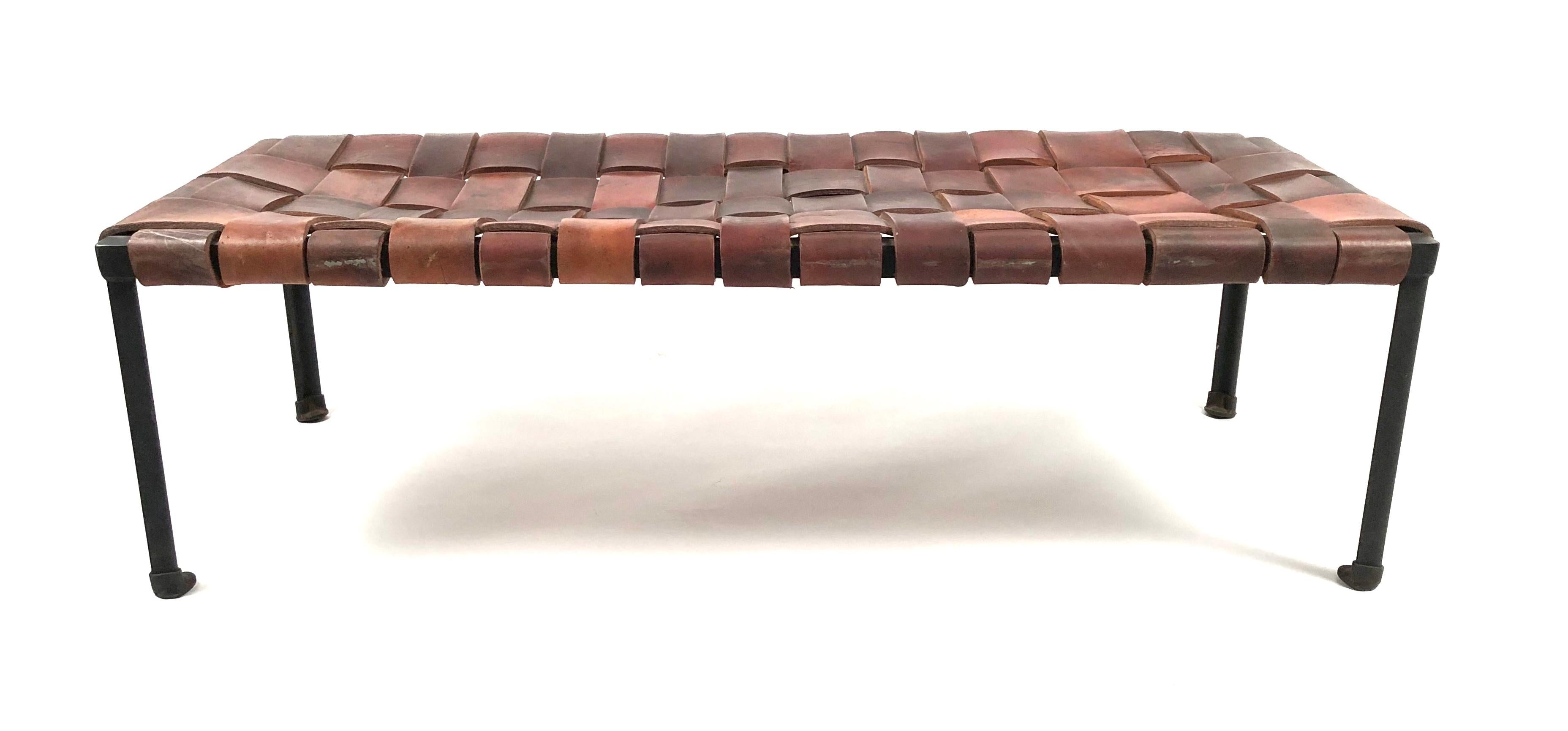 Midcentury Woven Leather and Wrought Iron Bench by Monnell and Swift 13
