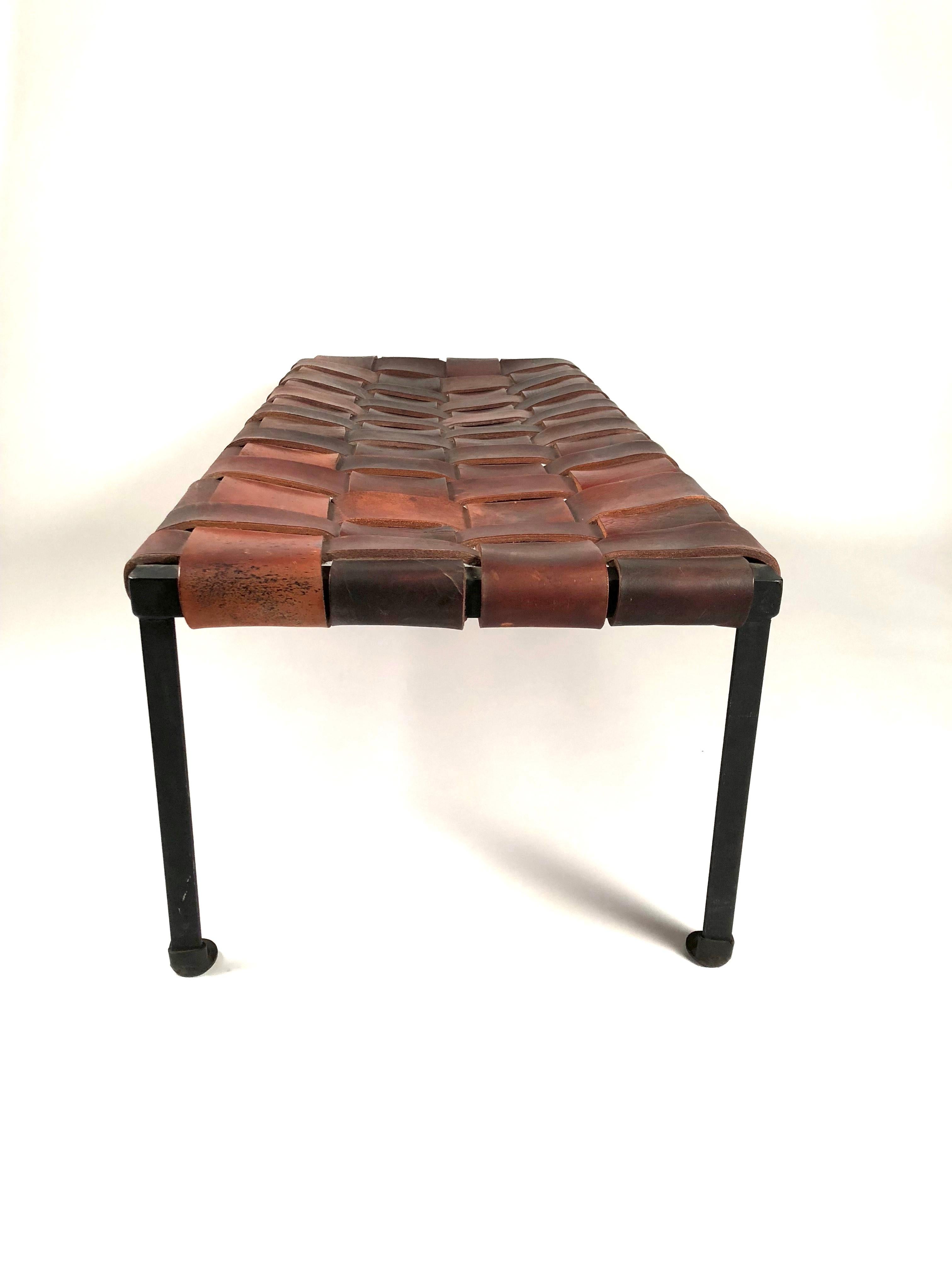 American Midcentury Woven Leather and Wrought Iron Bench by Monnell and Swift