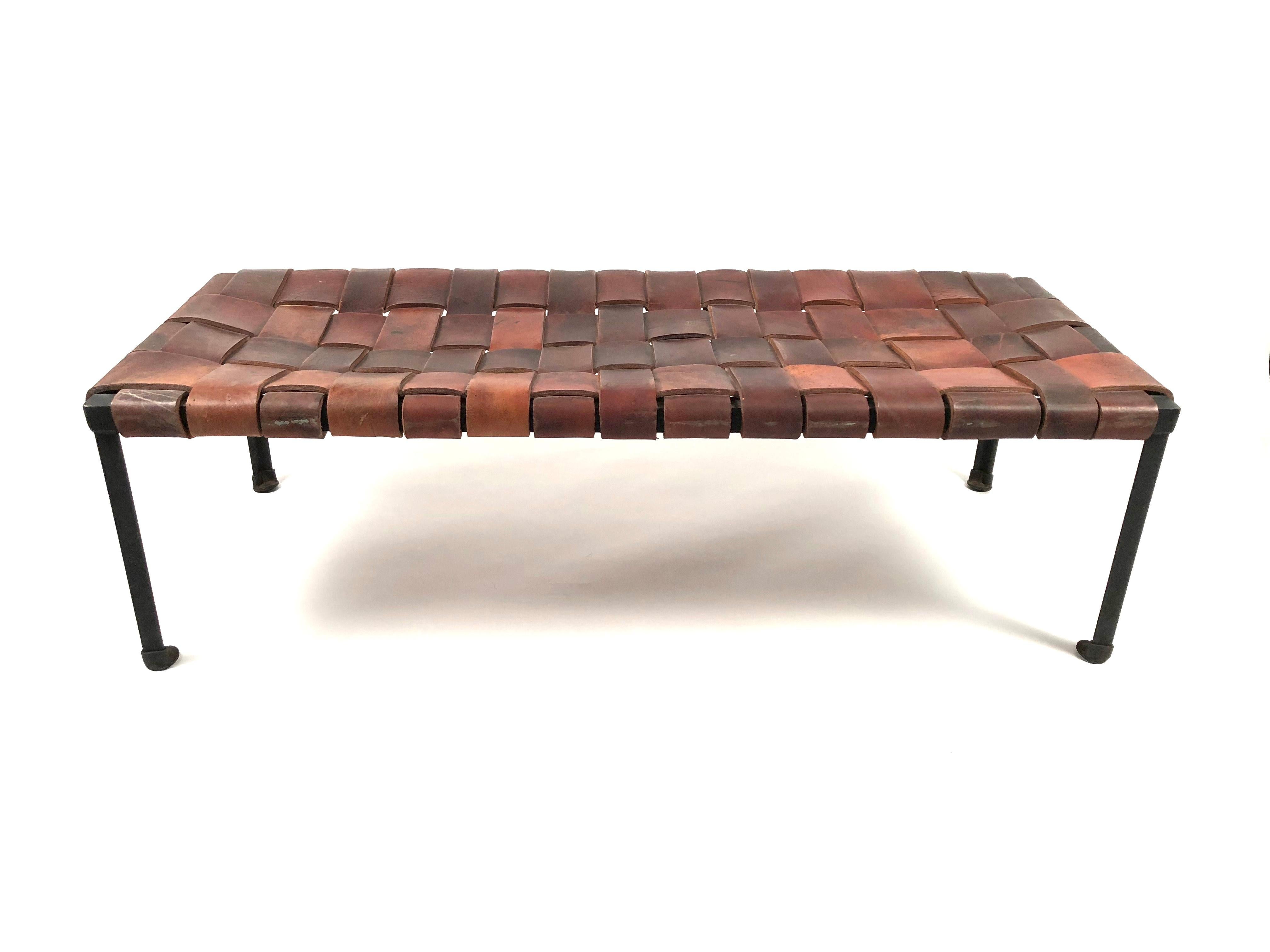 Midcentury Woven Leather and Wrought Iron Bench by Monnell and Swift In Good Condition In Essex, MA