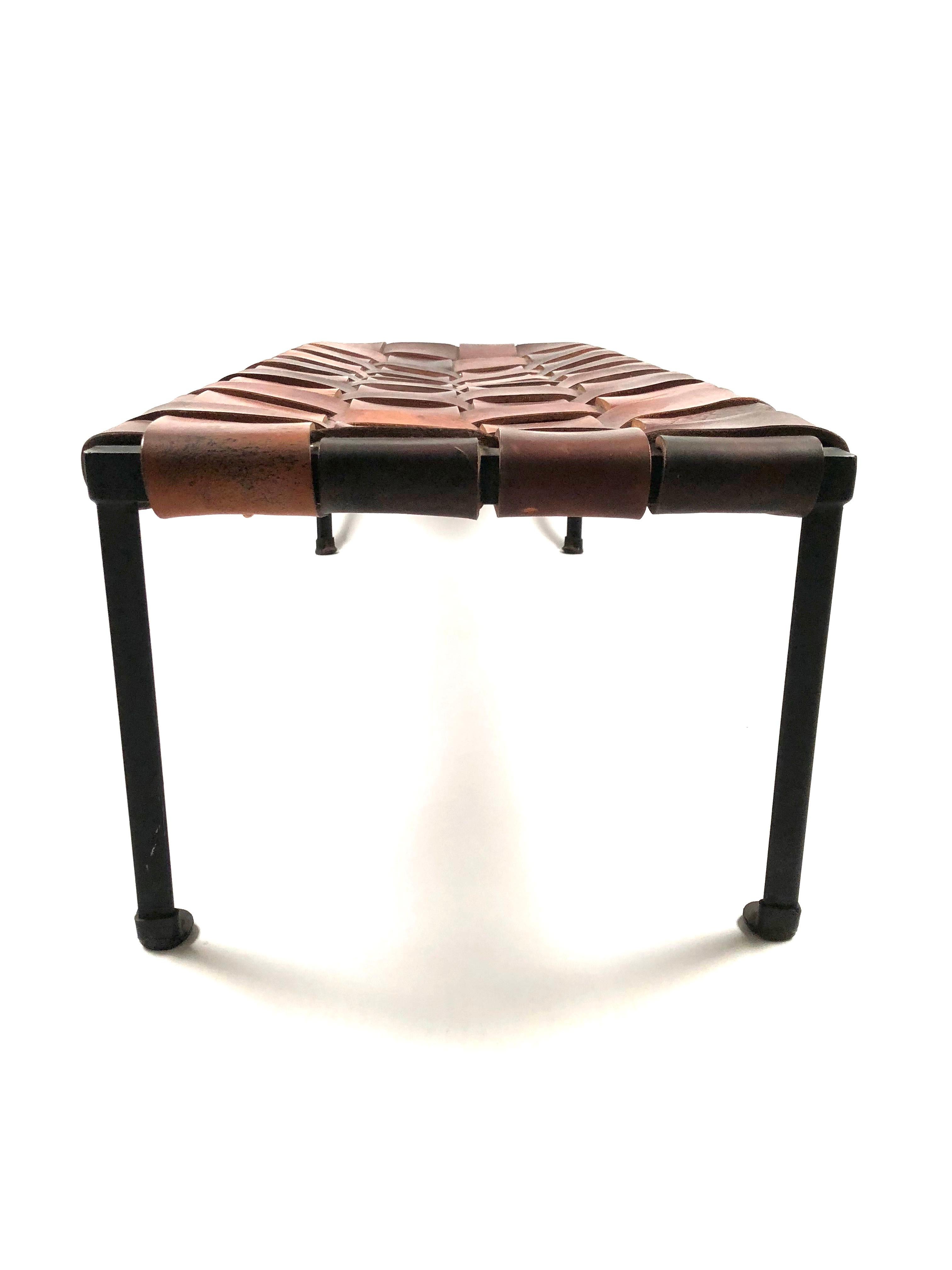 20th Century Midcentury Woven Leather and Wrought Iron Bench by Monnell and Swift