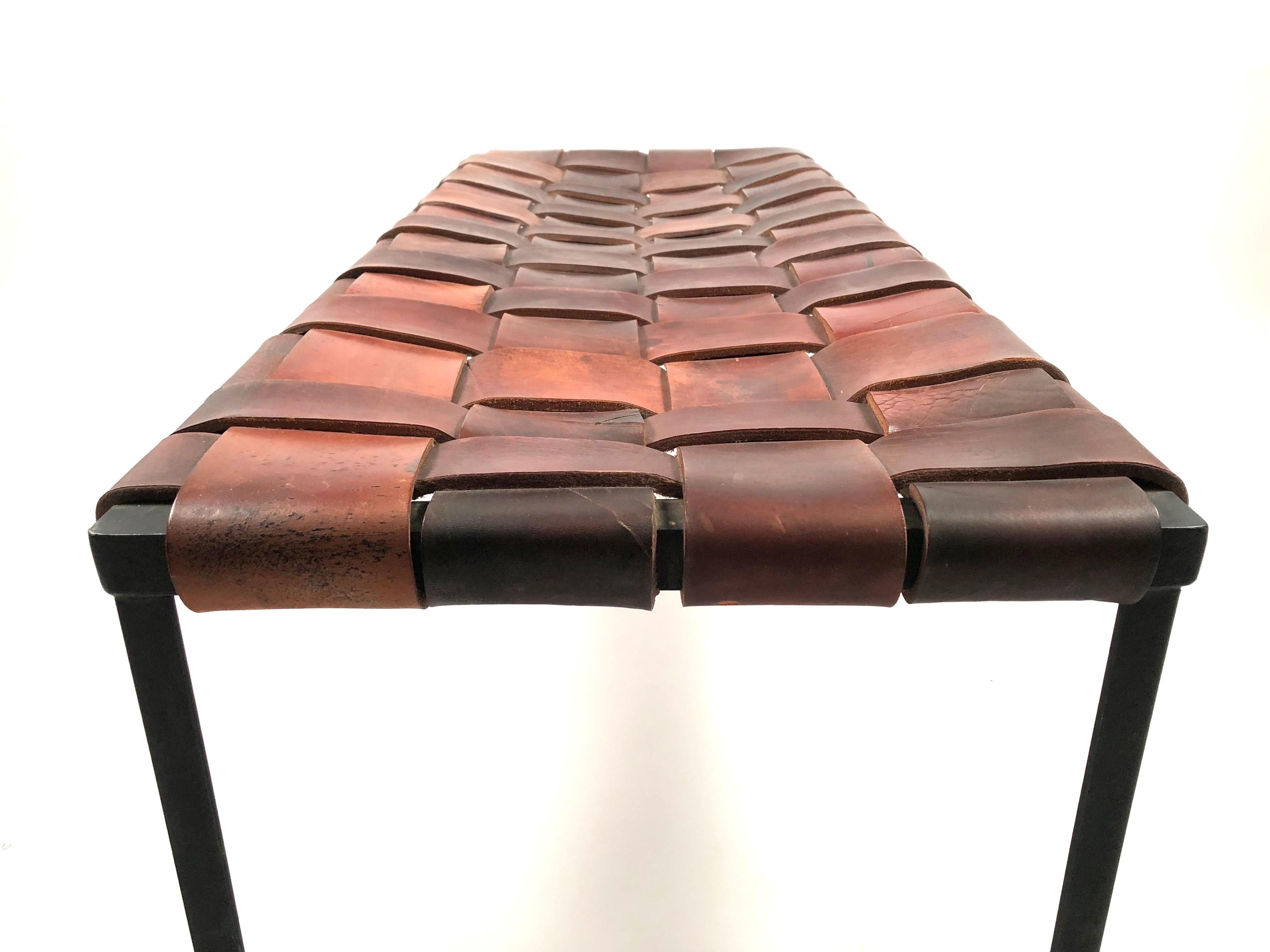 Midcentury Woven Leather and Wrought Iron Bench by Monnell and Swift 1
