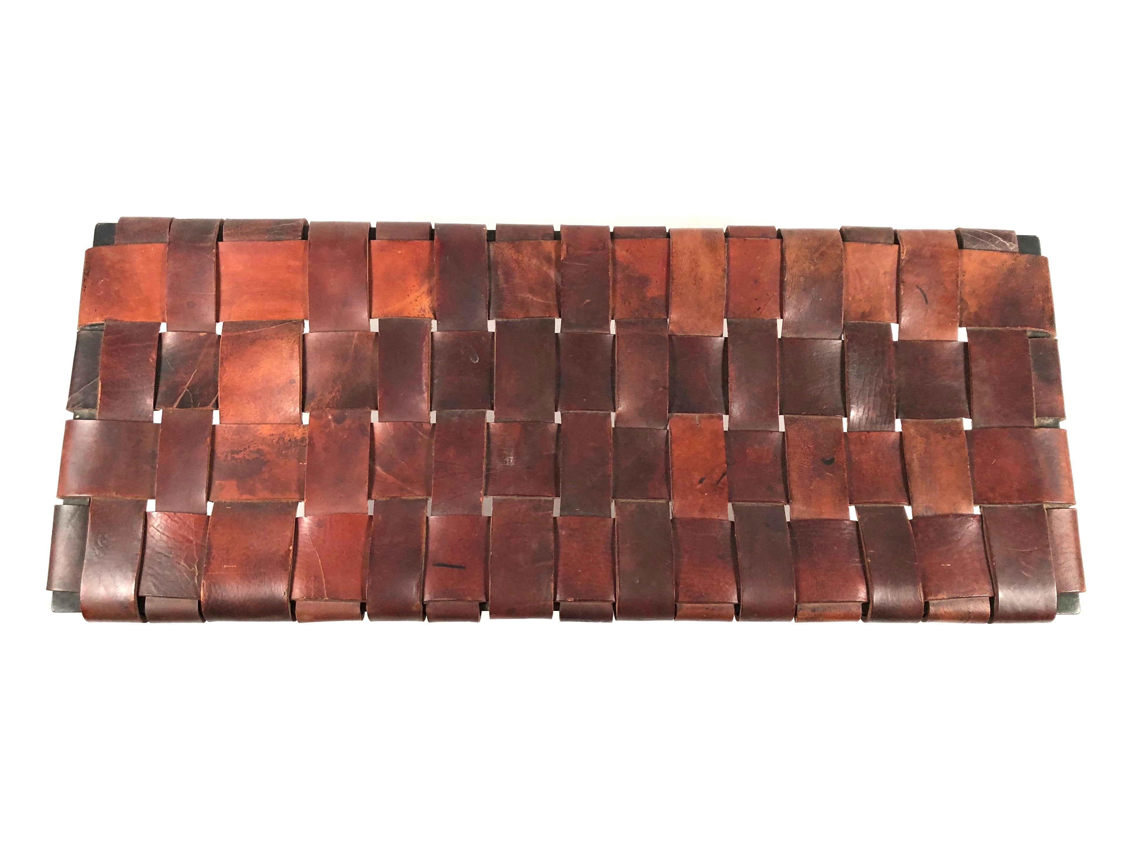 Midcentury Woven Leather and Wrought Iron Bench by Monnell and Swift 3