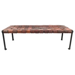 Midcentury Woven Leather and Wrought Iron Bench by Monnell and Swift