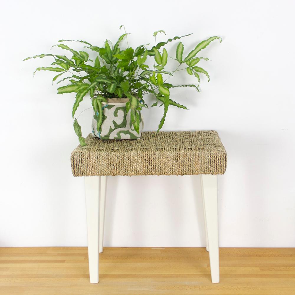 Midcentury low stool restored in white color and Seagrass weaved seat.
Perfect to be used as a small seat, footrest or a small side table.