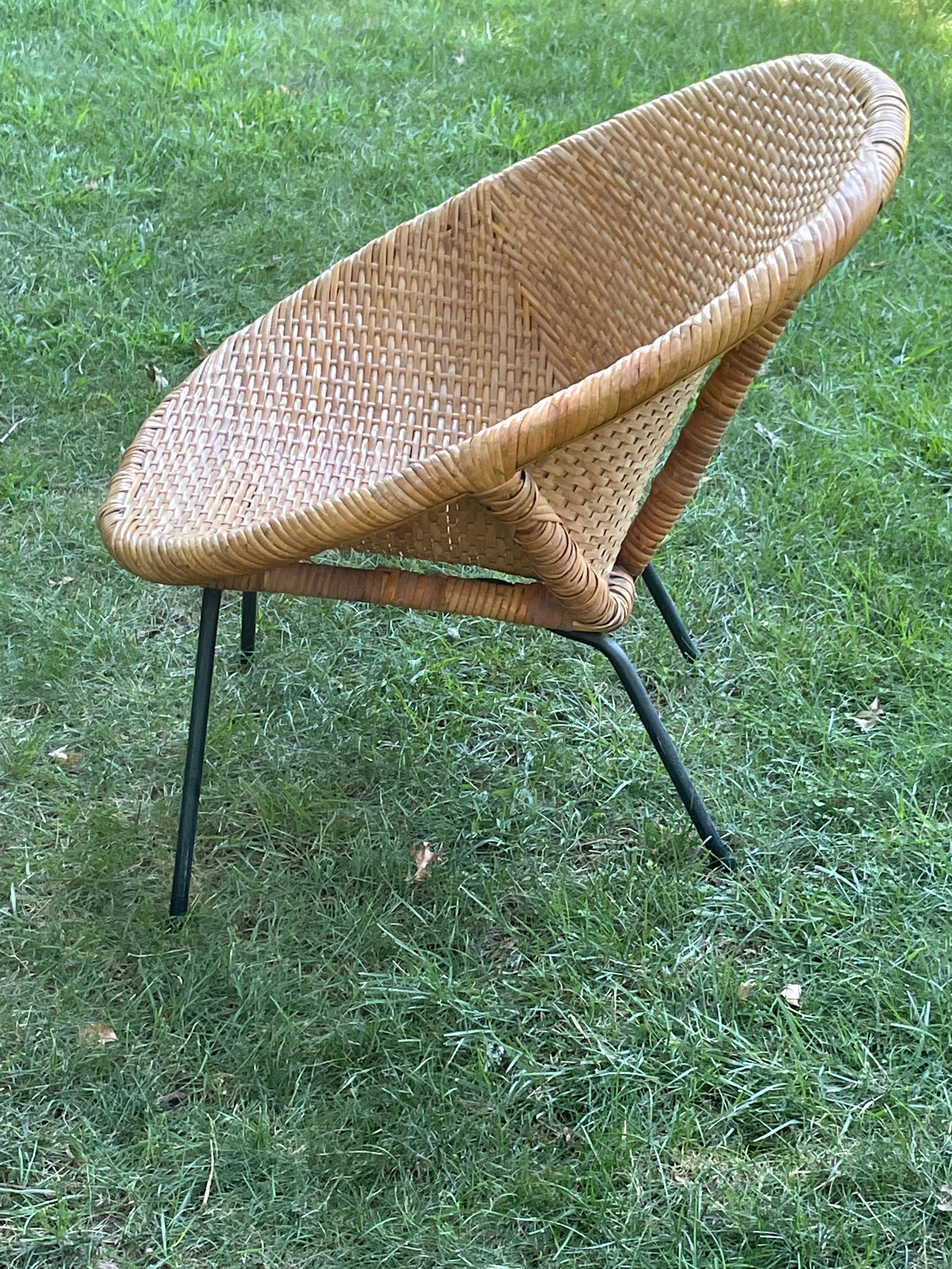 Hand-Woven Midcentury Woven Wicker and Bamboo Bucket Chair 