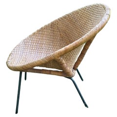 Midcentury Woven Wicker and Bamboo Bucket Chair 