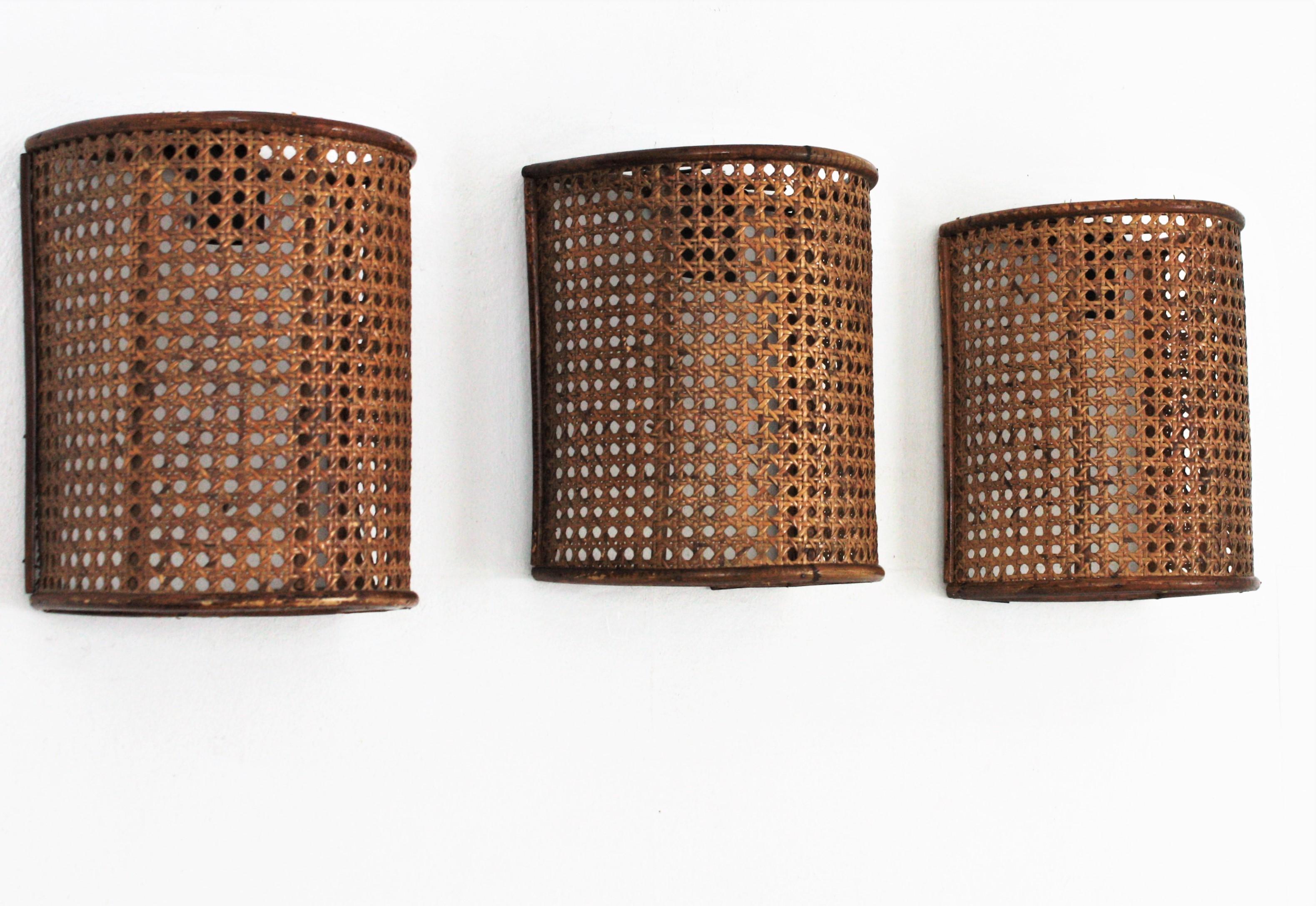 Midcentury Woven Wicker Weave and Rattan Wall Sconces, Set of Three 1