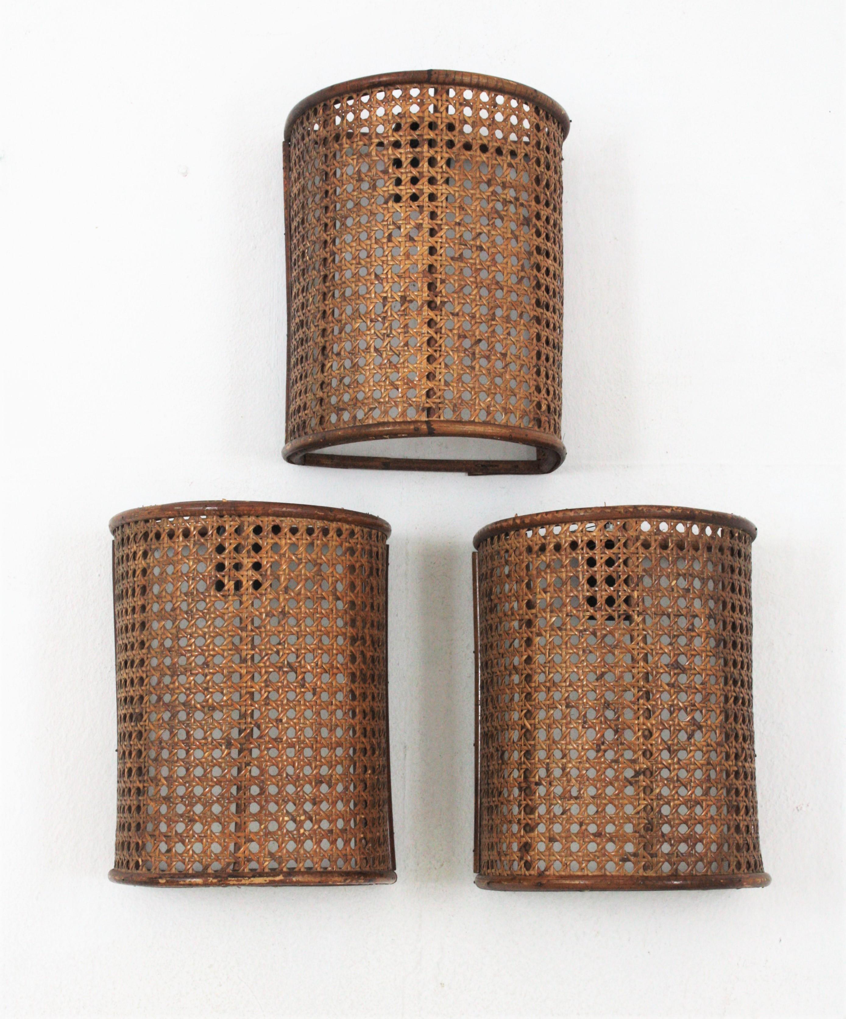 Midcentury Woven Wicker Weave and Rattan Wall Sconces, Set of Three 2