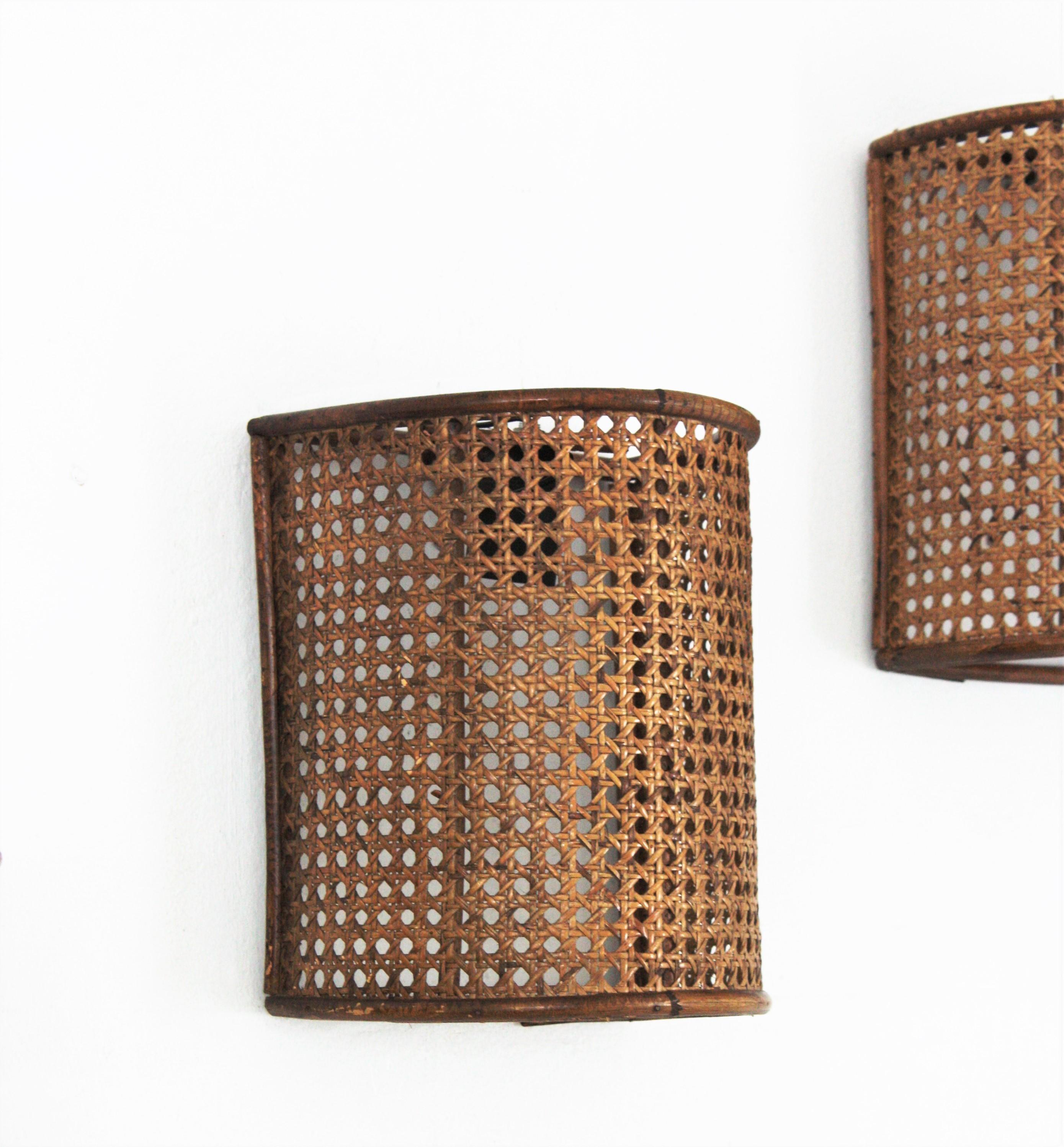 Midcentury Woven Wicker Weave and Rattan Wall Sconces, Set of Three 3